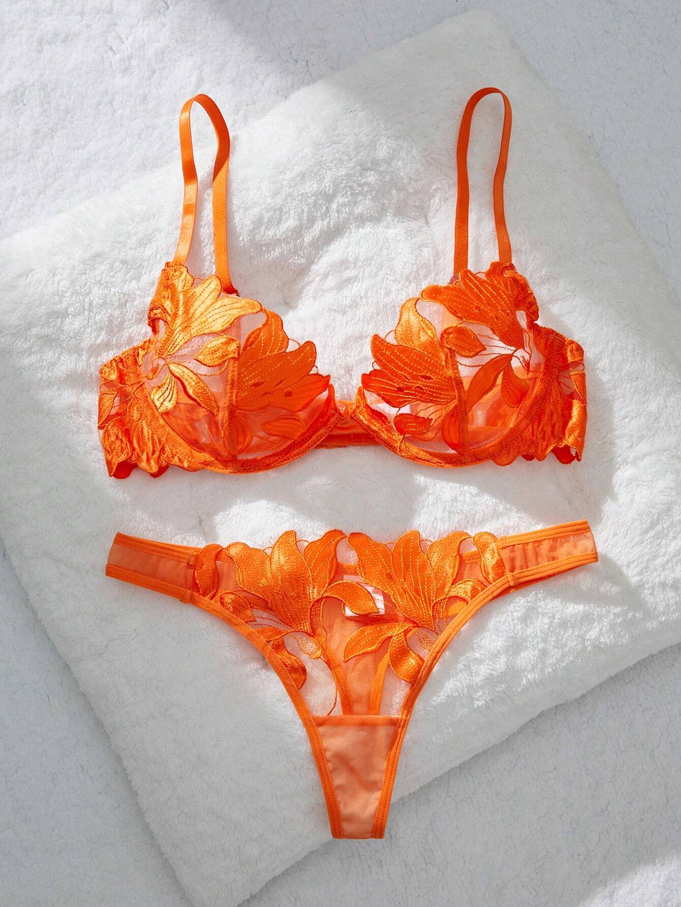2pcs Maple Leaf Embroidery Mesh Lingerie Set Orange