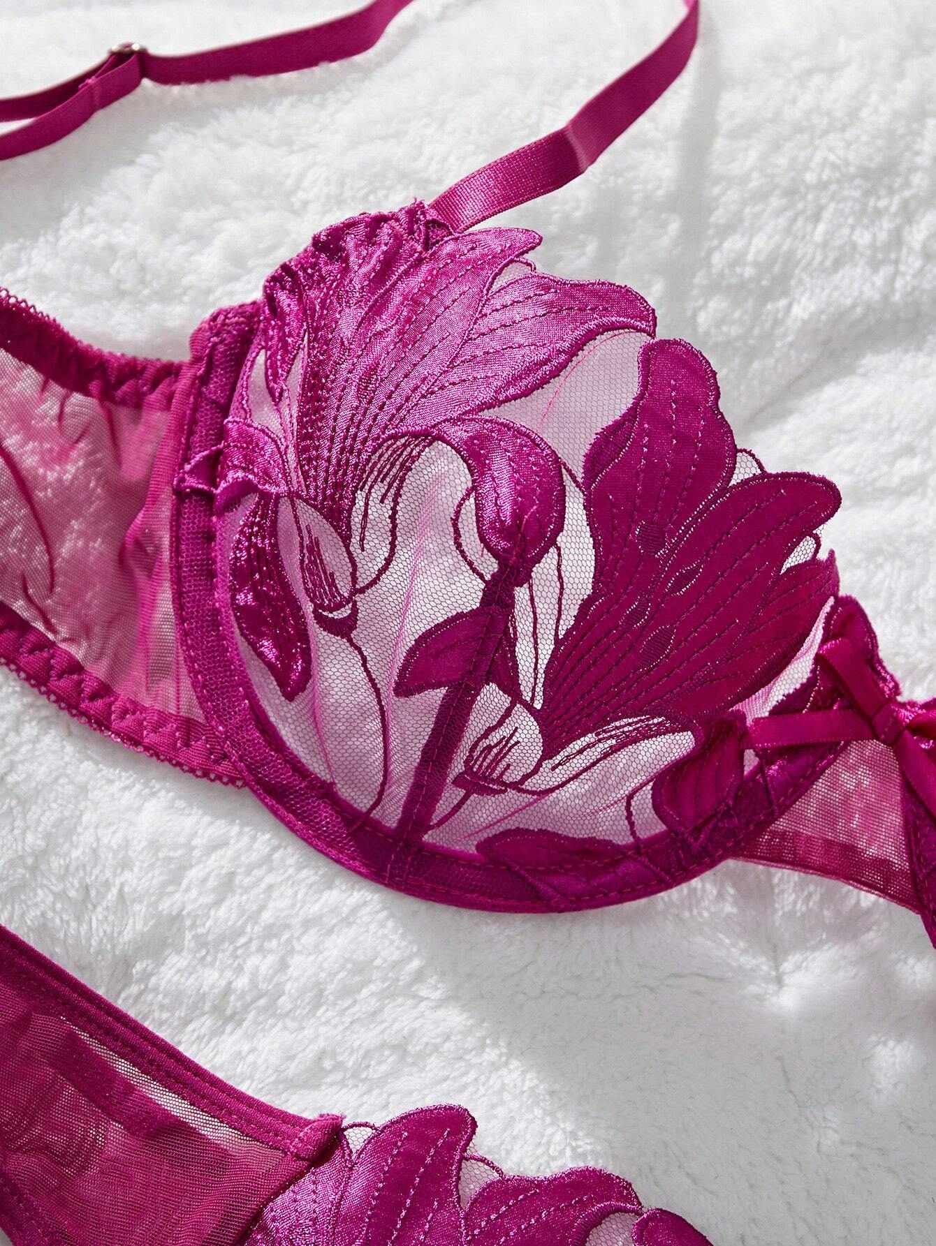 2pcs/Set Women Solid Mesh Contrast Romantic Floral Maple Leaf Sexy Lingerie Set