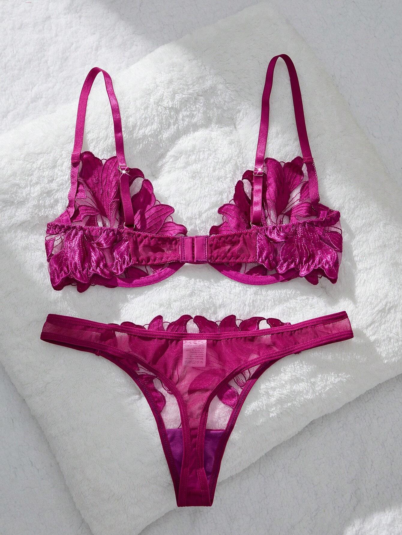 2pcs Maple Leaf Embroidery Mesh Lingerie Set