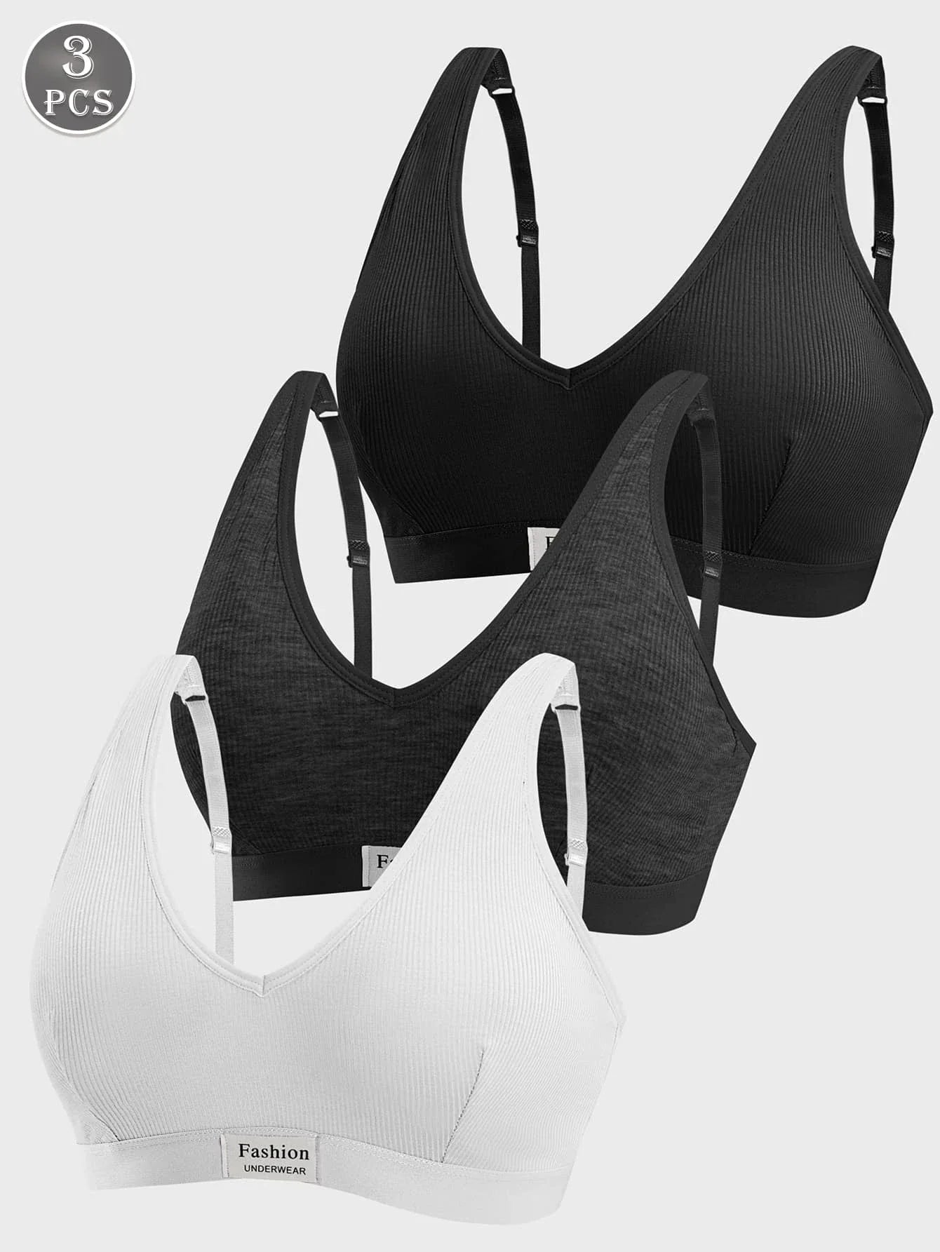 3PCS Ladies Comfortable Wireless Soft Cup Solid Bra Underwear