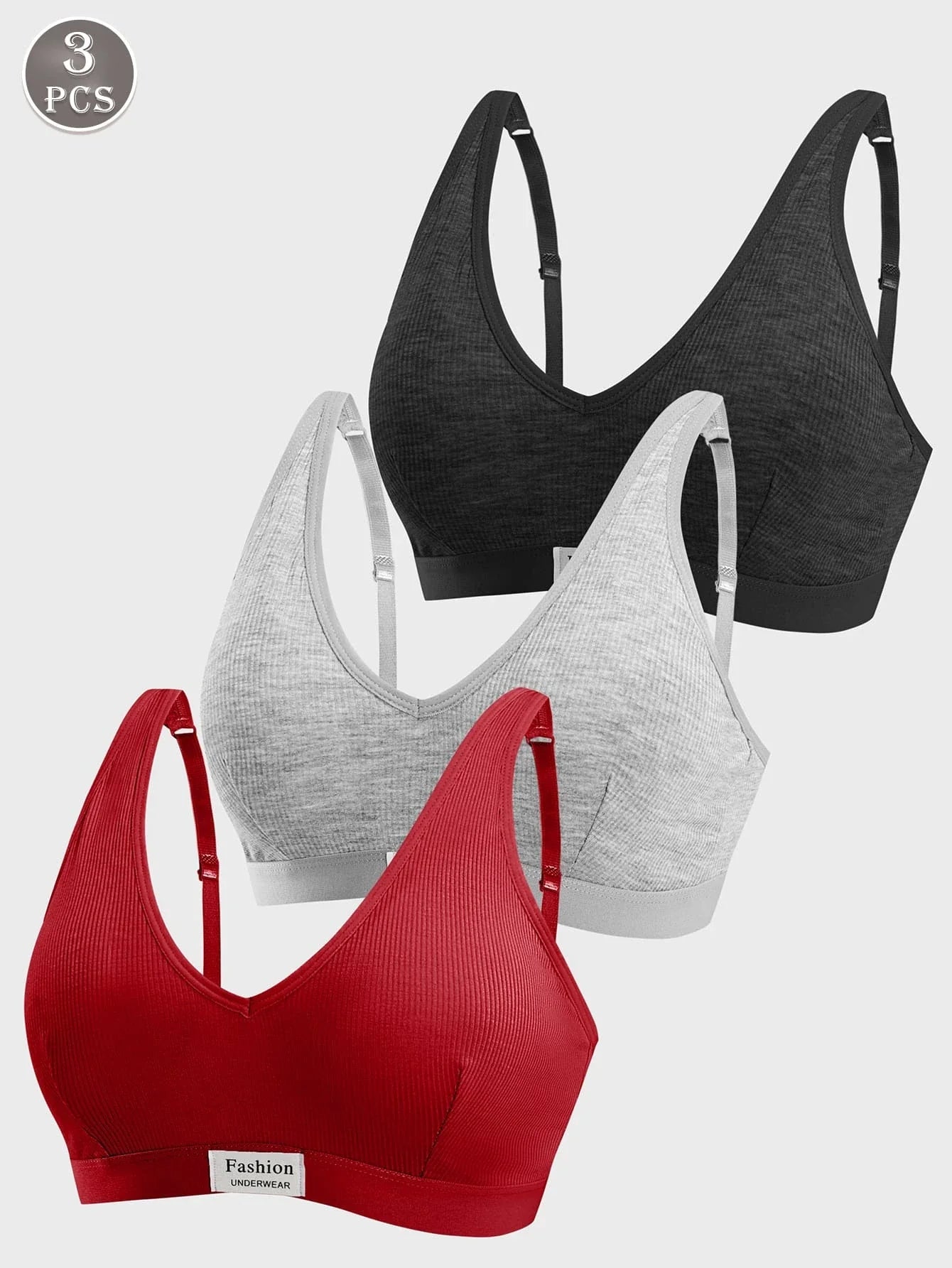 3PCS Ladies Comfortable Wireless Soft Cup Solid Bra Underwear