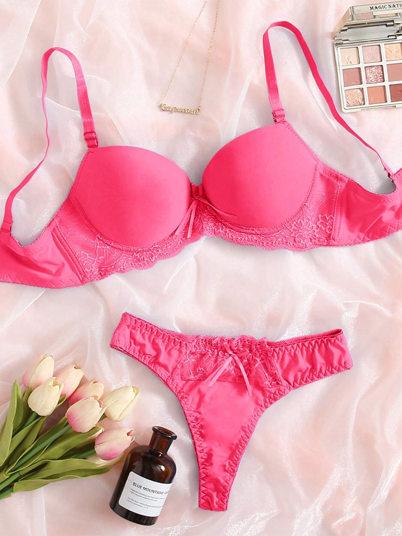 Contrast Lace Underwire Bra & Panty Lingerie Set Hot Pink