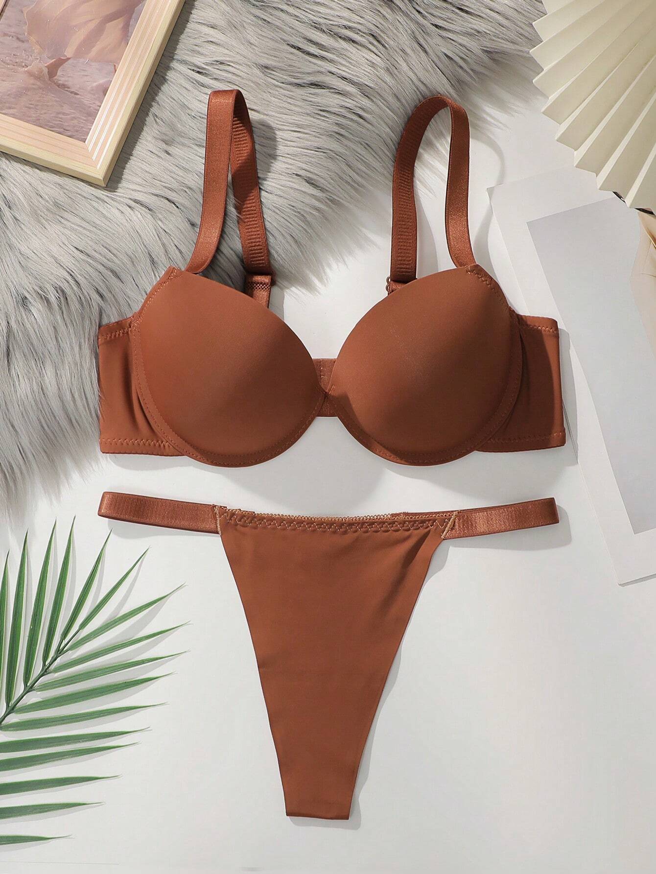 Solid Underwire Bra & Panty Set Brown