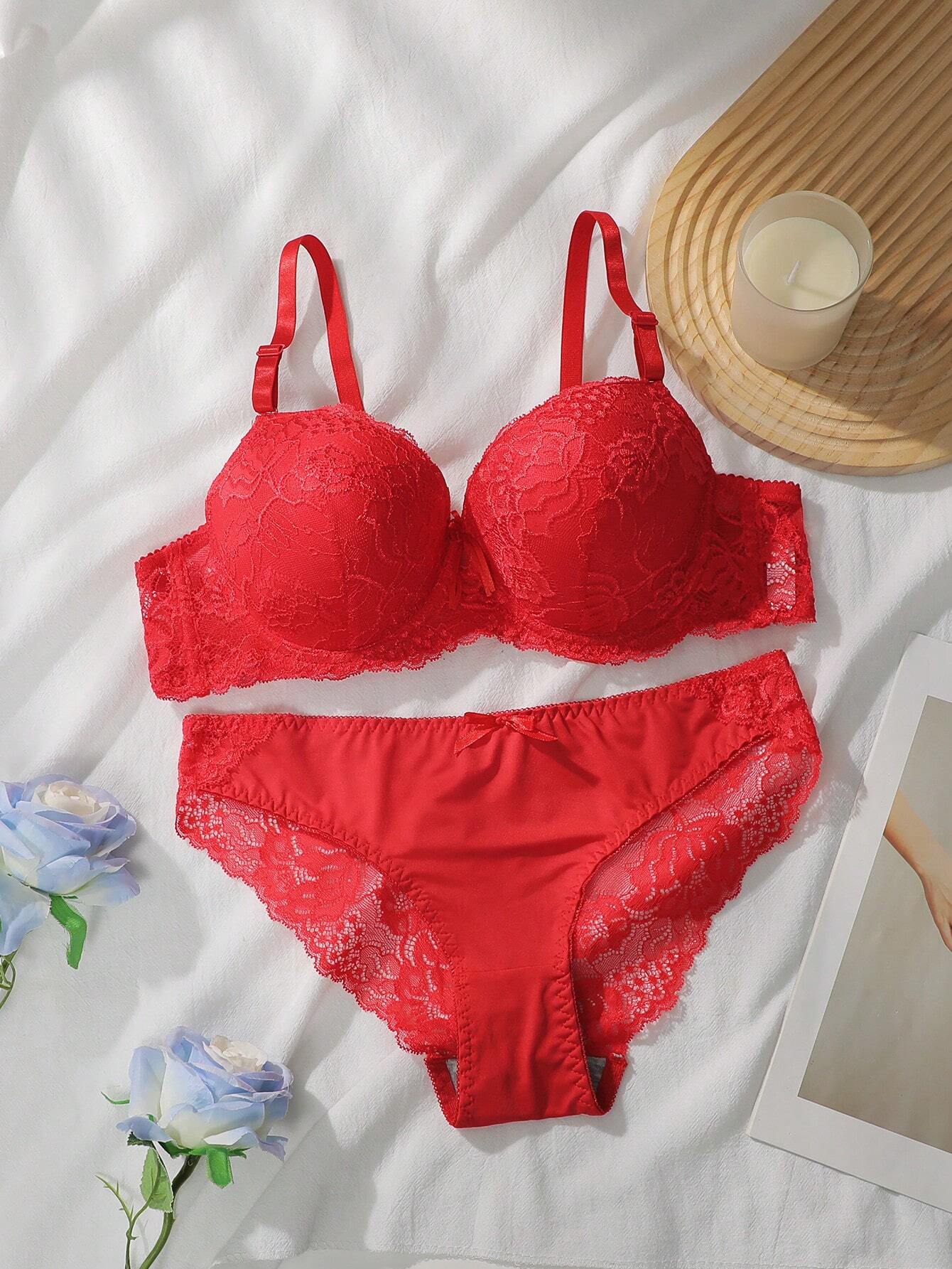 Floral Lace Underwire Bra & Panty Lingerie Set Red