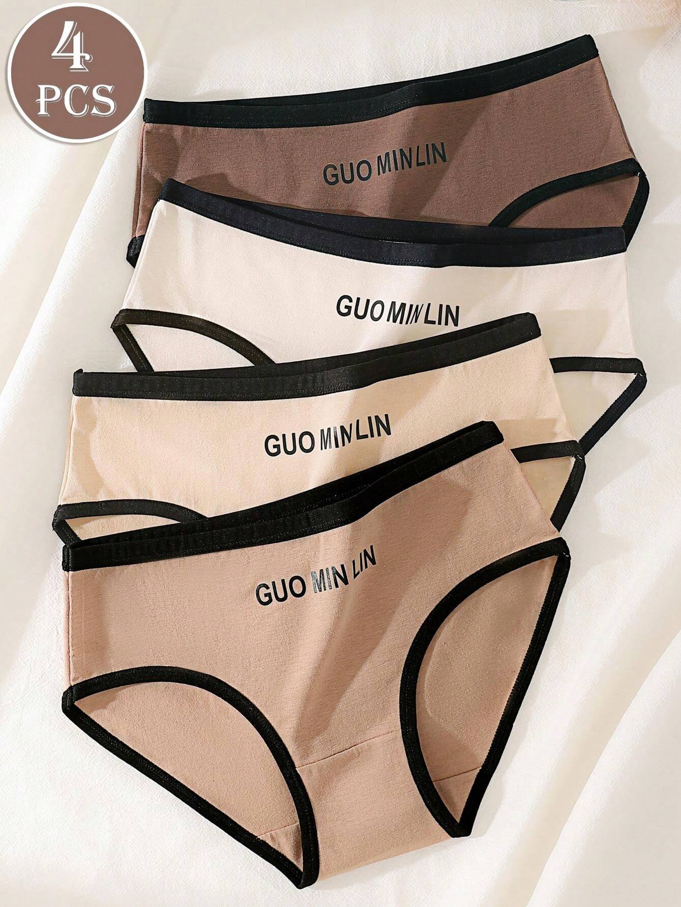 4pcs Women's Underwear With Letter Print And Color Blocking Design Multicolor 4
