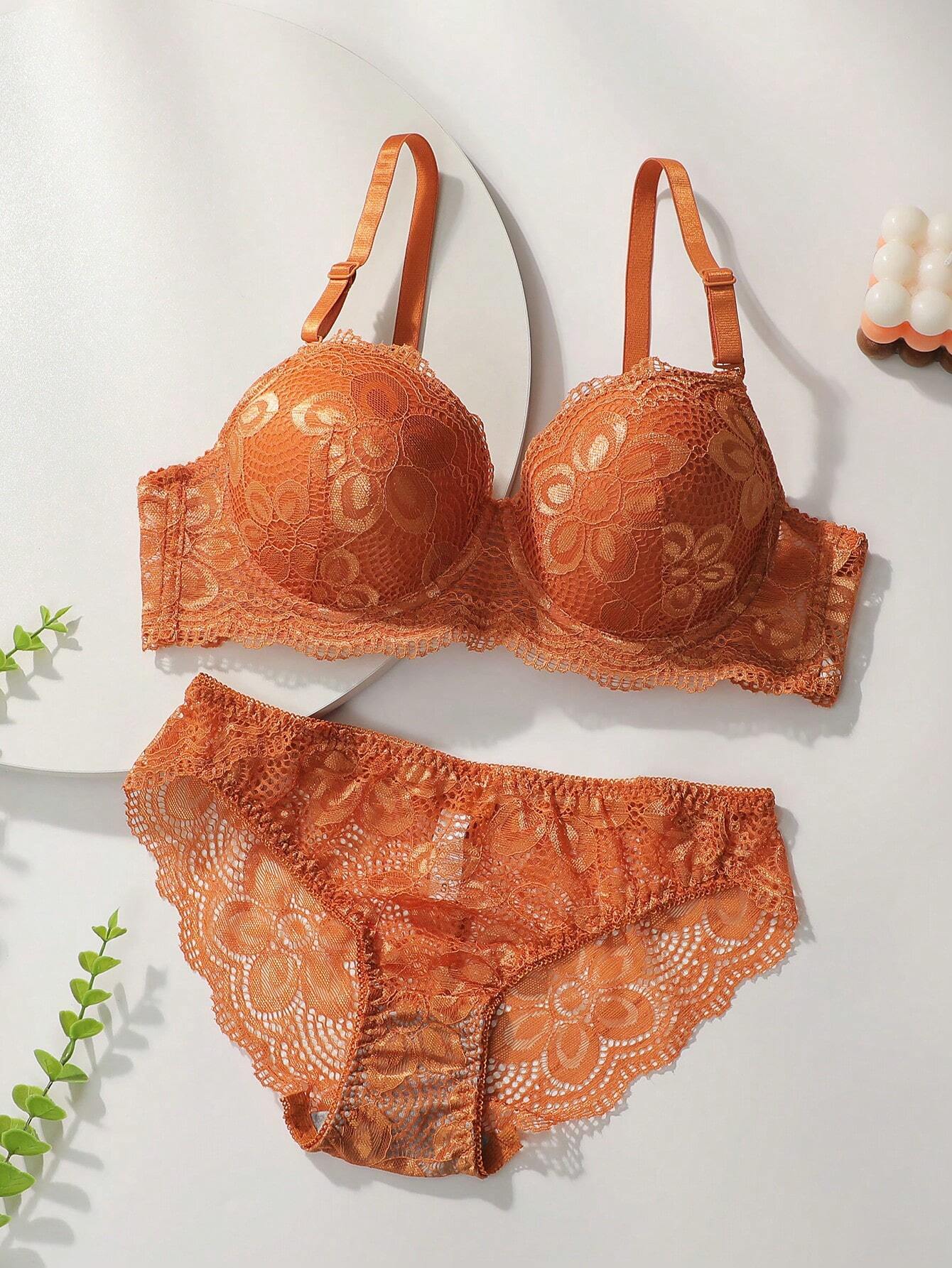 Floral Lace Underwire Bra & Panty Lingerie Set Yellow