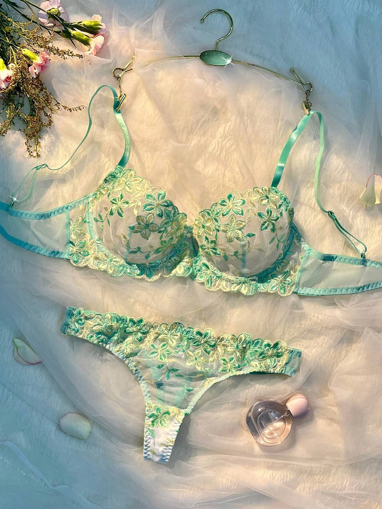 2 Pieces Romantic Pink Women Underwire Bra And Panty Set Green