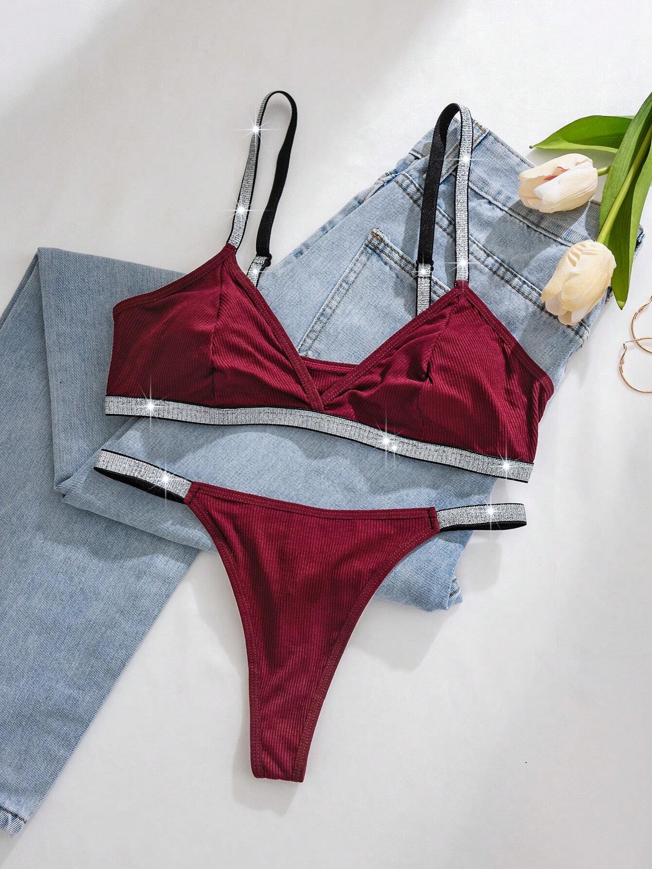 1 Set Sequin V-Neck Sexy Lingerie Set With Bra And Thong