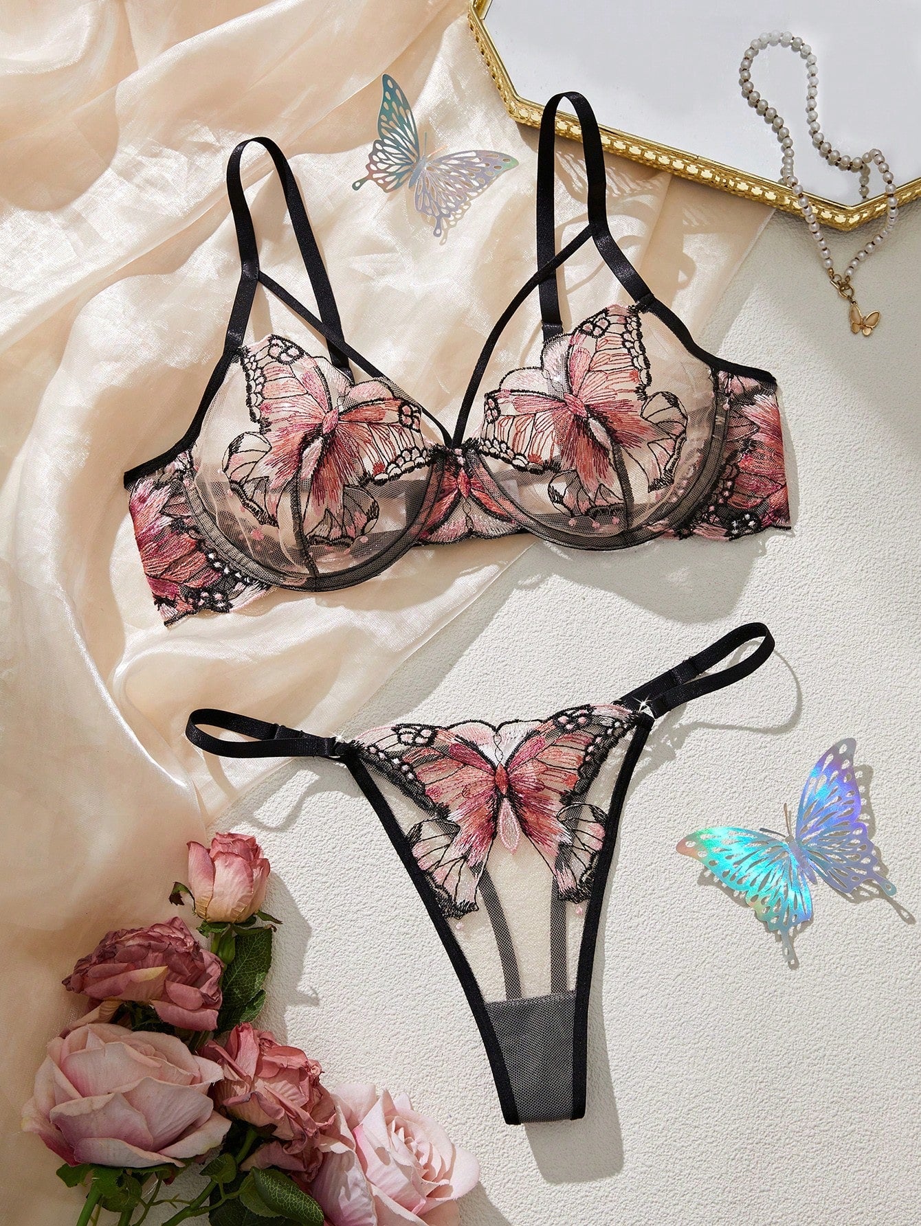2pcs Romantic Butterfly Embroidery Sexy Lingerie Set For Valentine's Day Black
