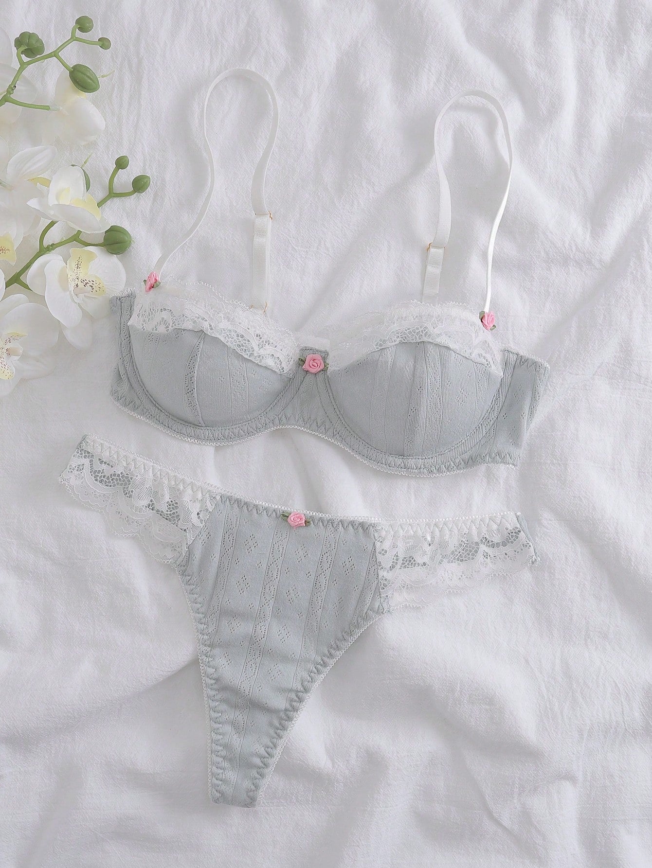 Dream Adore Contrast Lace Underwire Bra & Panty Lingerie Set Light grey