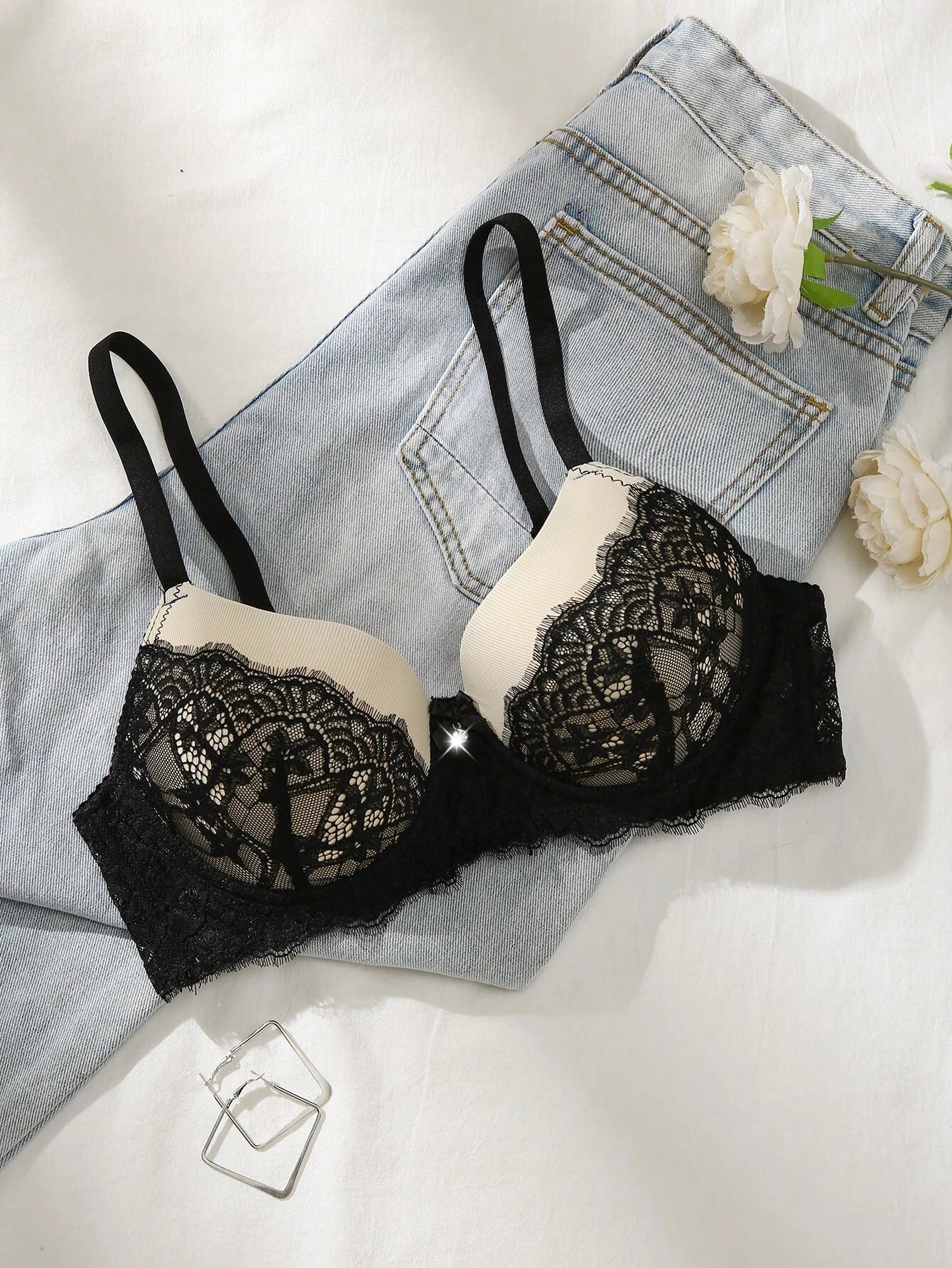 1pc Contrast Lace Sexy Push-Up Romantic Underwire Bra Set