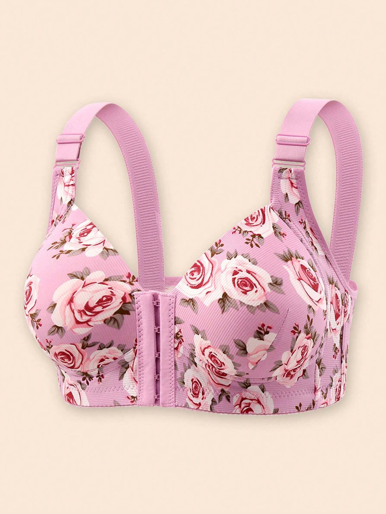 1pc Women Floral Print Adjustable Strap Comfort Front Close Wireless Convertible Lingerie Bra