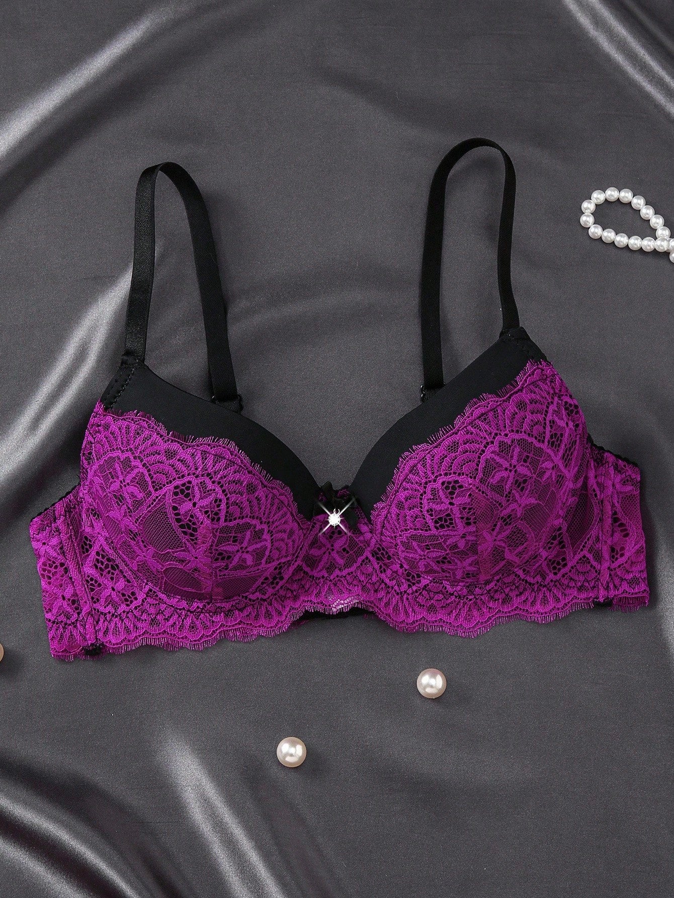 1pc Contrast Lace Sexy Push-Up Romantic Underwire Bra Set