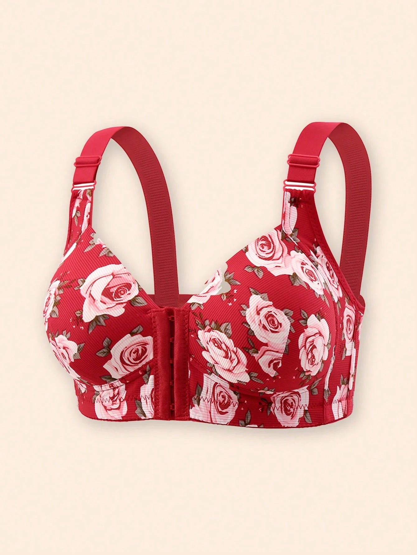 1pc Women Floral Print Adjustable Strap Comfort Front Close Wireless Convertible Lingerie Bra