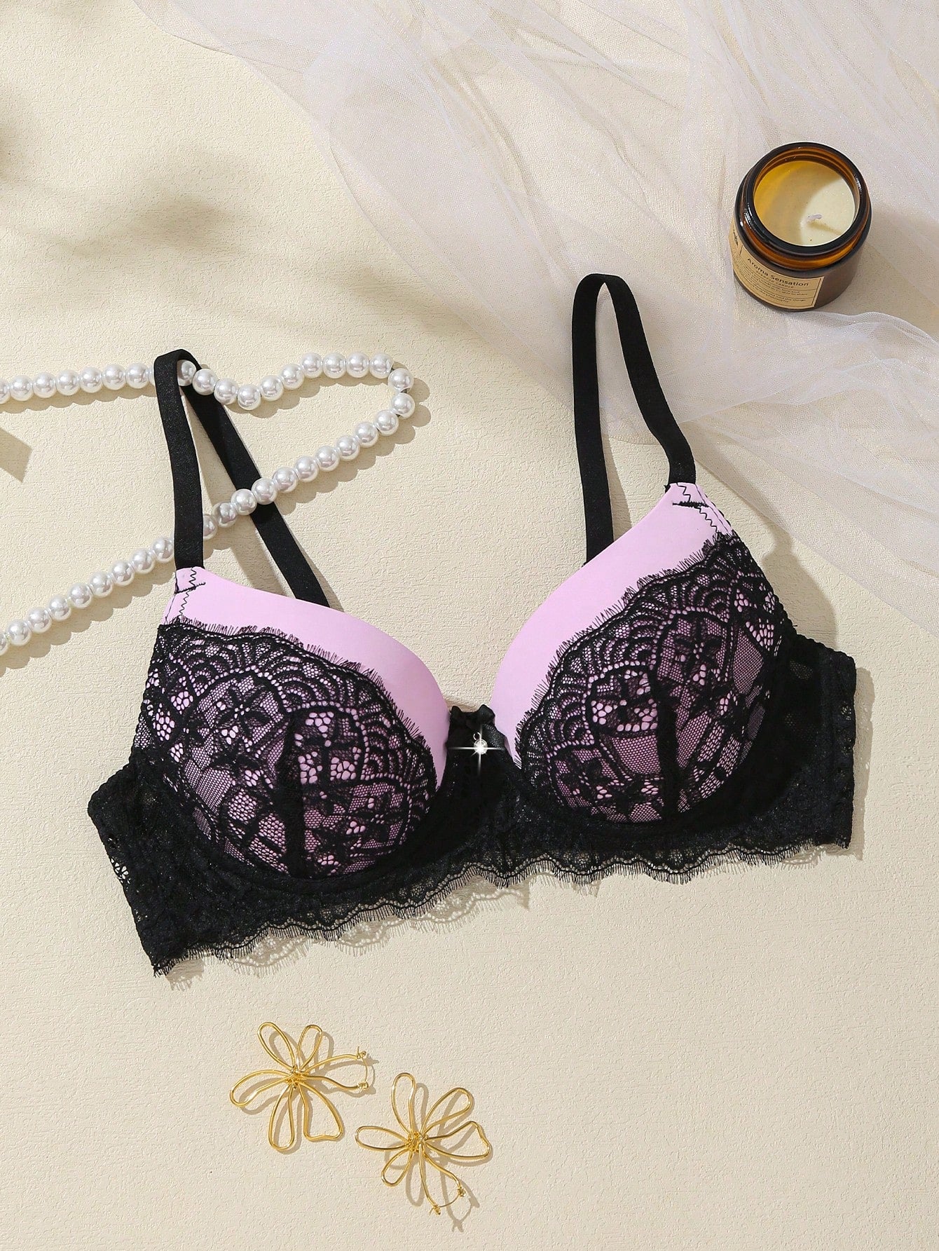 1pc Contrast Lace Sexy Push-Up Romantic Underwire Bra Set