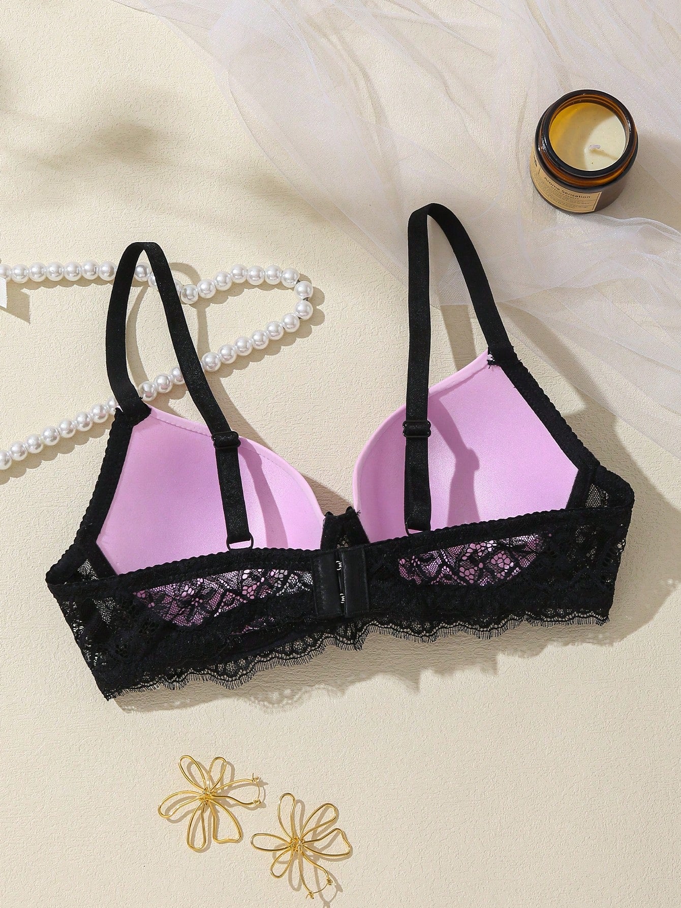 1pc Contrast Lace Sexy Push-Up Romantic Underwire Bra Set