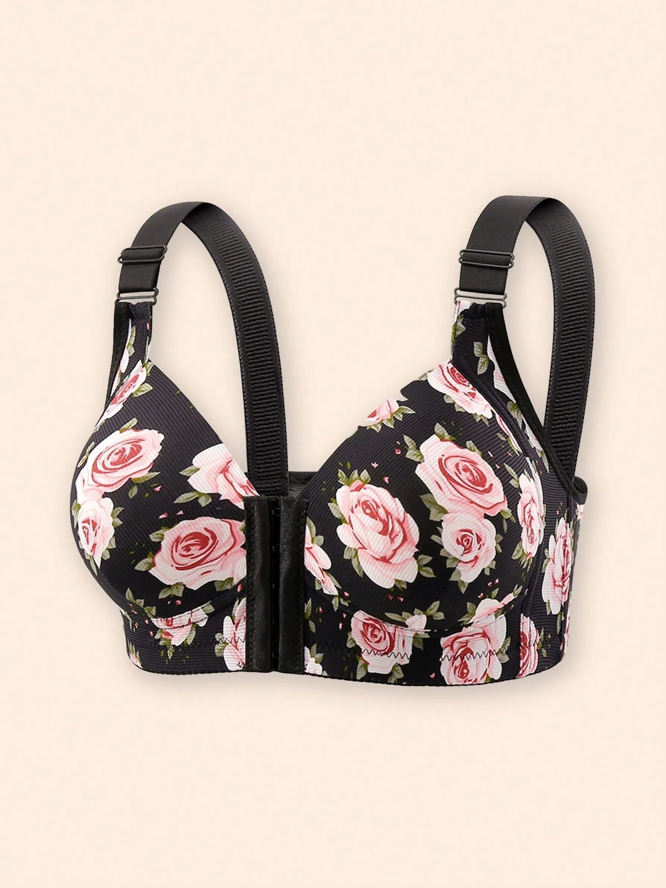1pc Women Floral Print Adjustable Strap Comfort Front Close Wireless Convertible Lingerie Bra