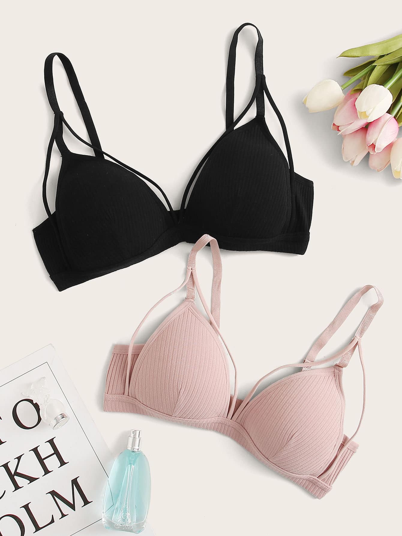 2 Packs Ribbed Harness Bra Set