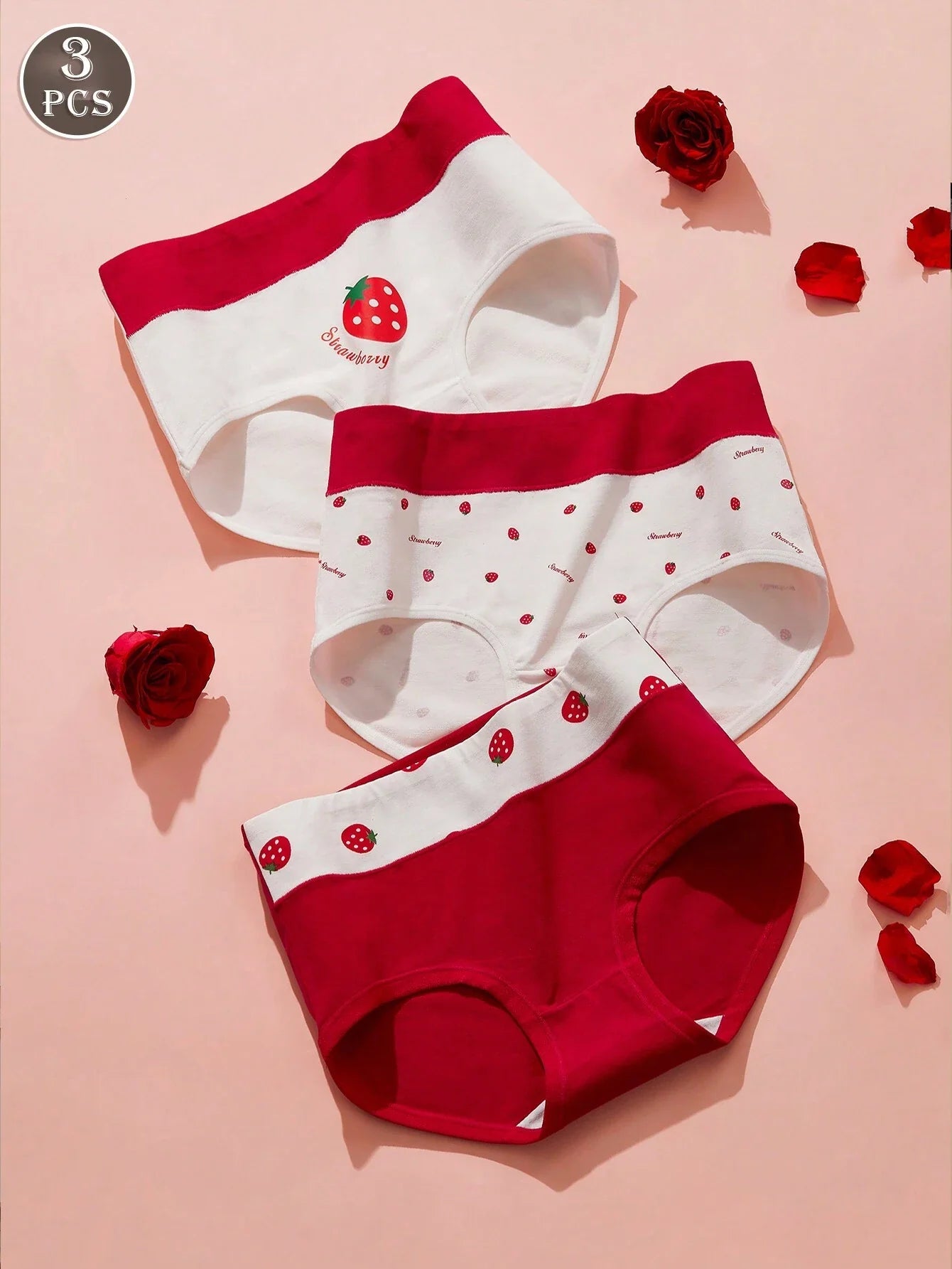 3pcs Strawberry Print High Waisted Seamless Panties