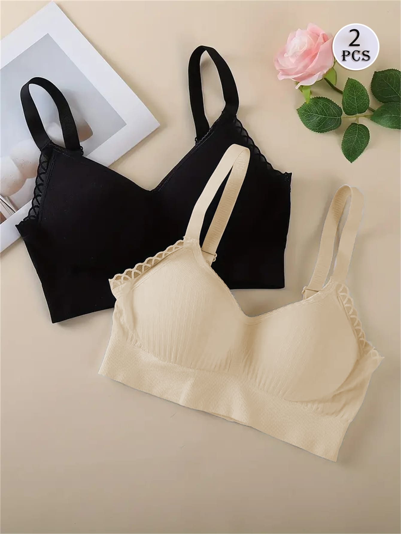 2pcs/Set Soft Seamless Lace Trim Bras, Comfortable Daily Support T-Shirt Bra