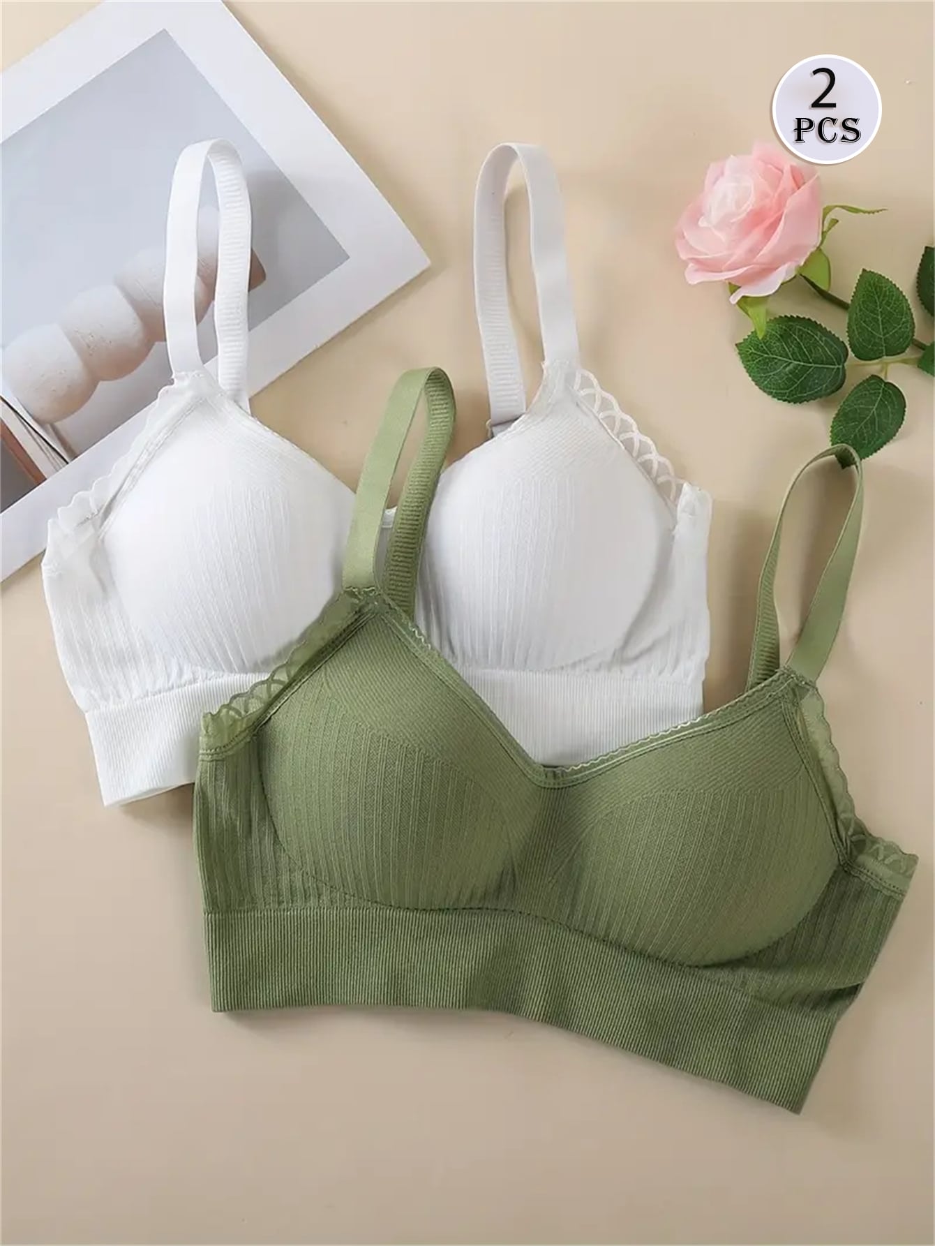 2pcs/Set Soft Seamless Lace Trim Bras, Comfortable Daily Support T-Shirt Bra