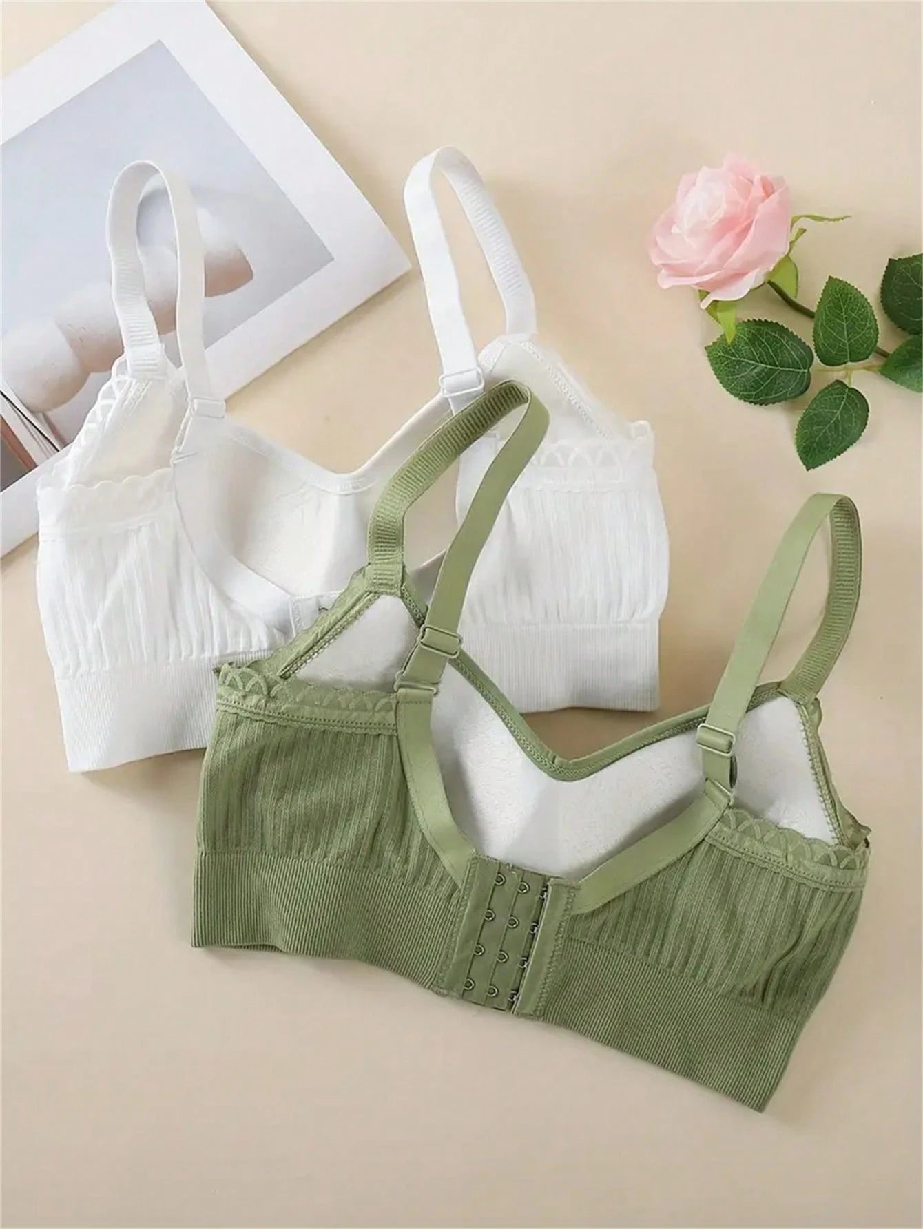 2pcs/Set Soft Seamless Lace Trim Bras, Comfortable Daily Support T-Shirt Bra