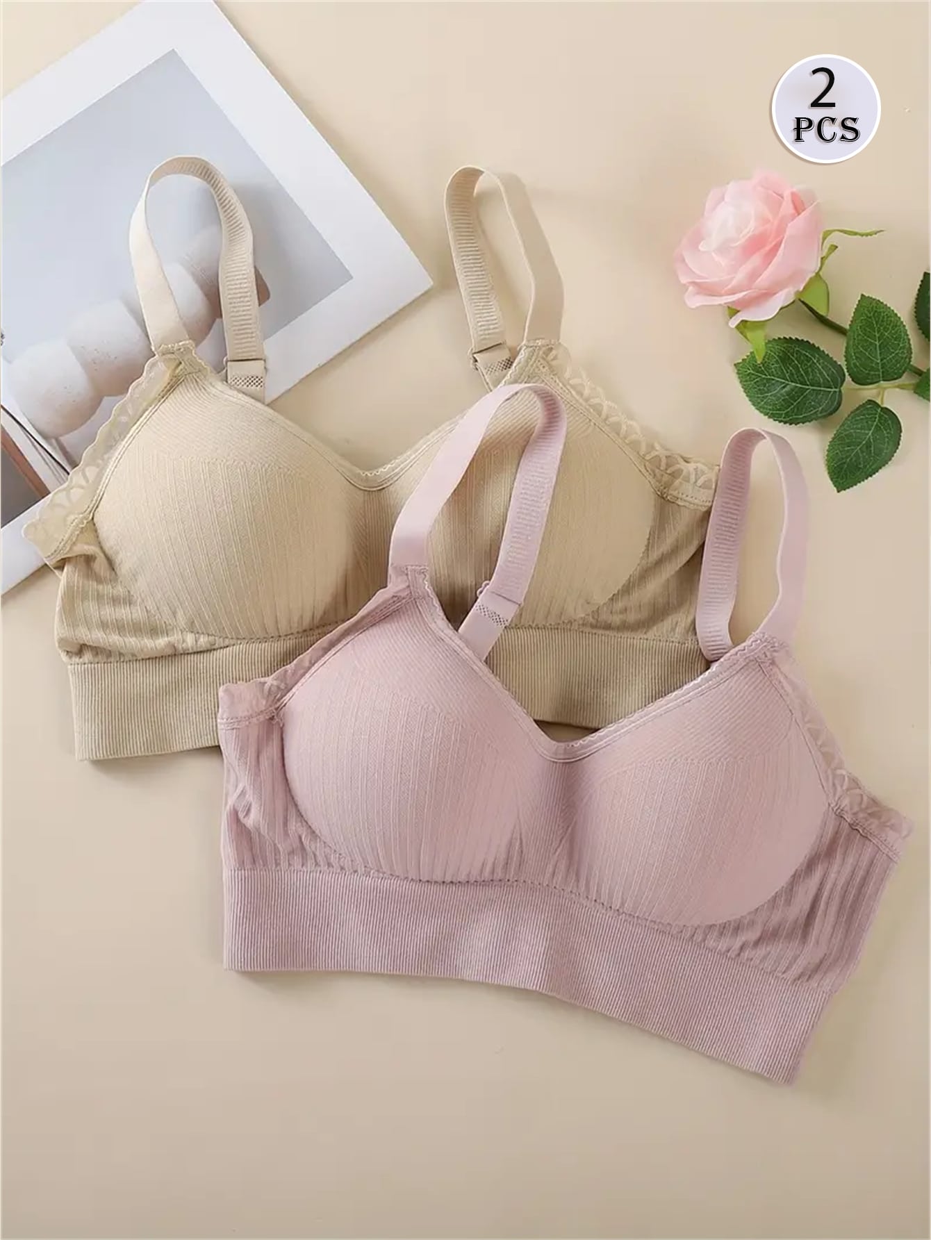 2pcs/Set Soft Seamless Lace Trim Bras, Comfortable Daily Support T-Shirt Bra