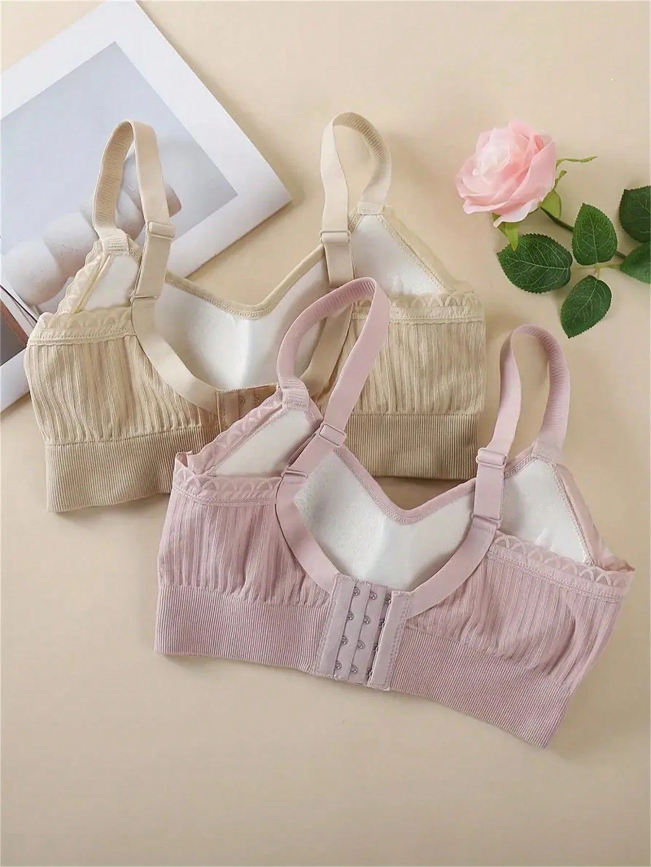 2pcs/Set Soft Seamless Lace Trim Bras, Comfortable Daily Support T-Shirt Bra