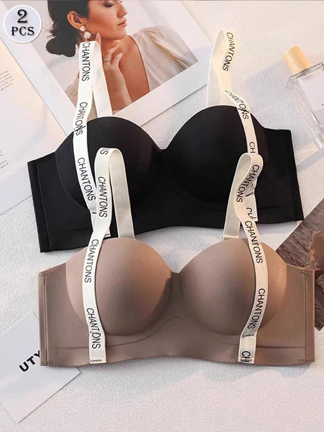 2pcs Women's Non-Underwire Letter Strap Bra, No Padding Push-Up Bra