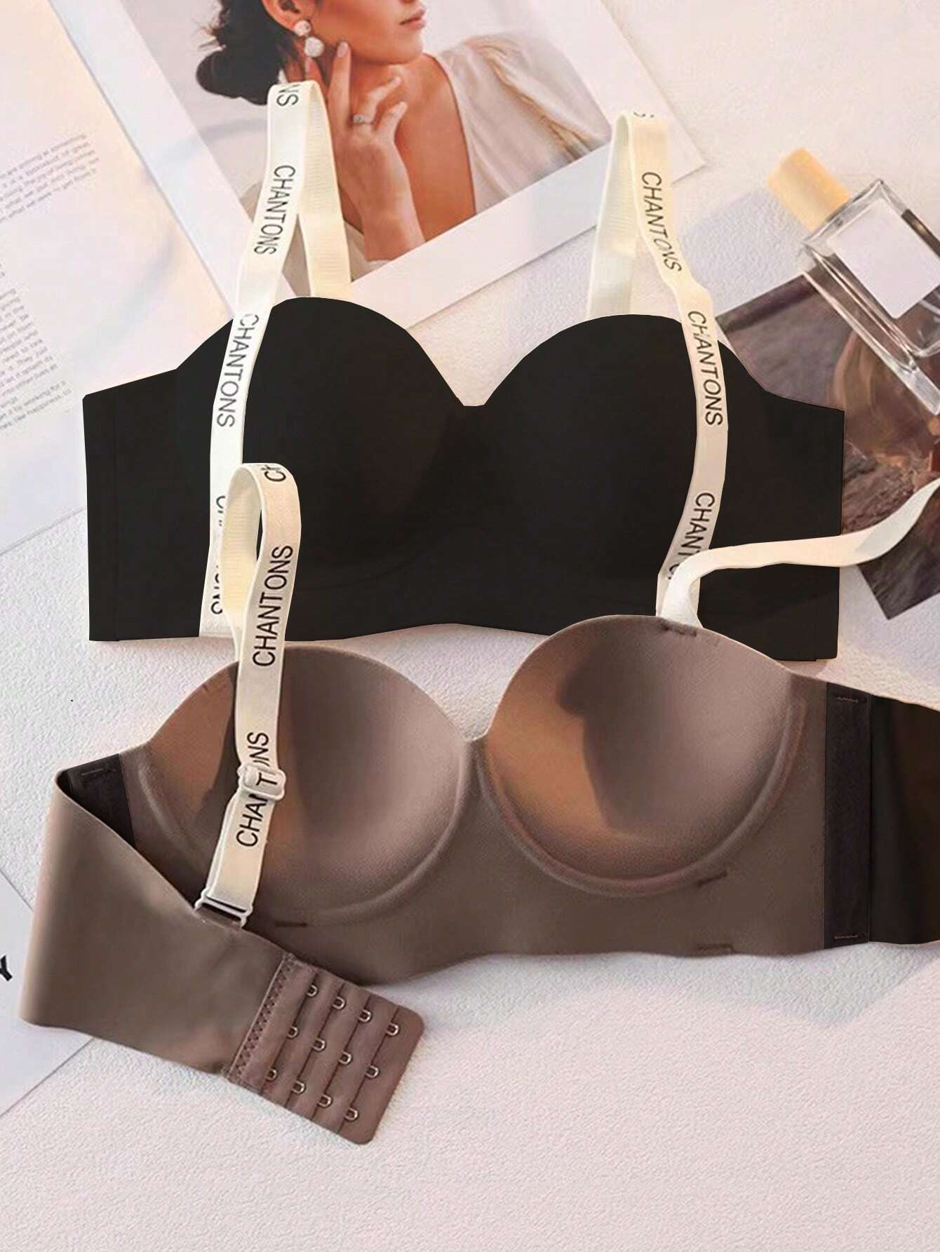 2pcs Women's Non-Underwire Letter Strap Bra, No Padding Push-Up Bra
