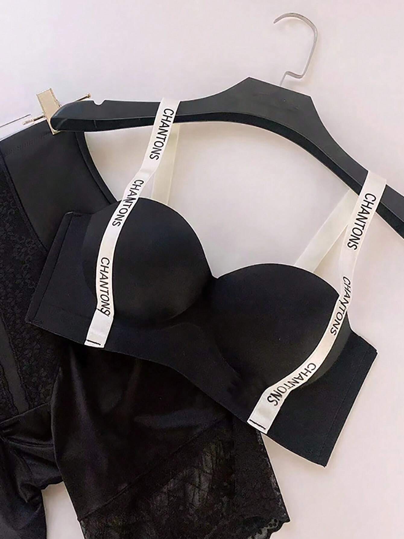 2pcs Women's Non-Underwire Letter Strap Bra, No Padding Push-Up Bra