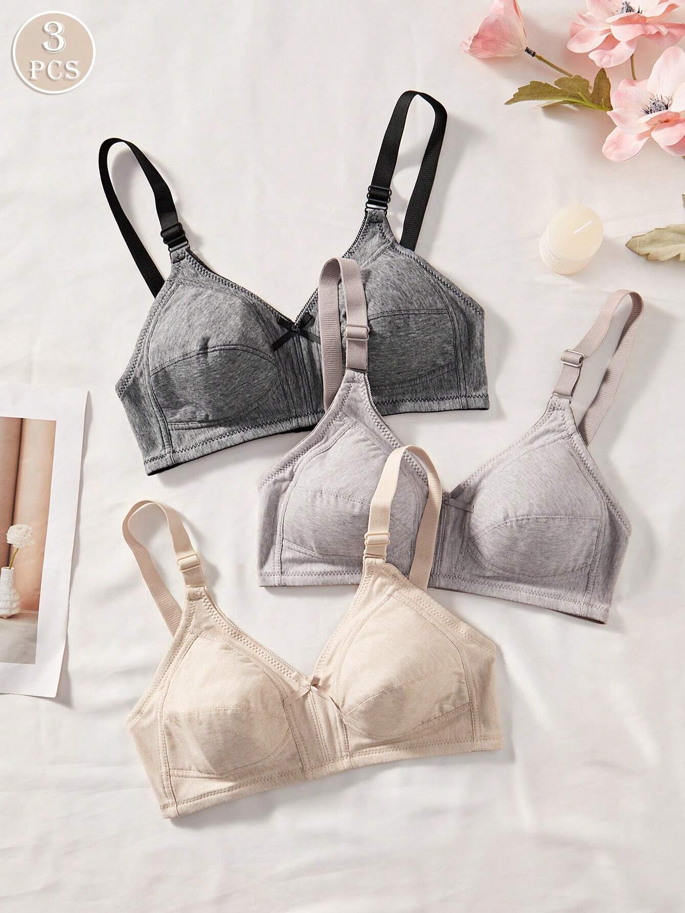 3PCS Comfortable Sleep Multicolour Wireless Soft Cup Solid Underwear Bra