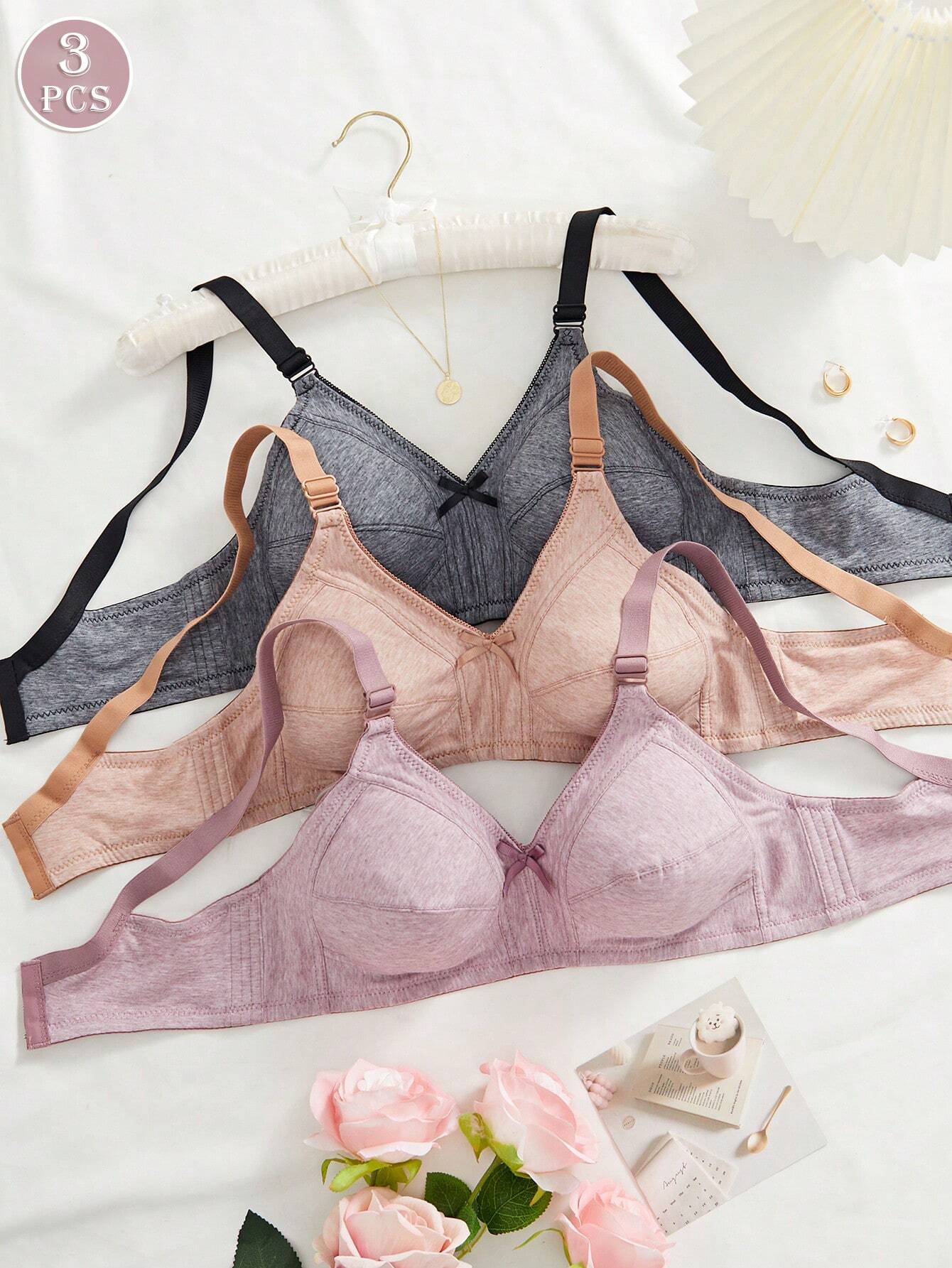 3PCS Comfortable Sleep Multicolour Wireless Soft Cup Solid Underwear Bra