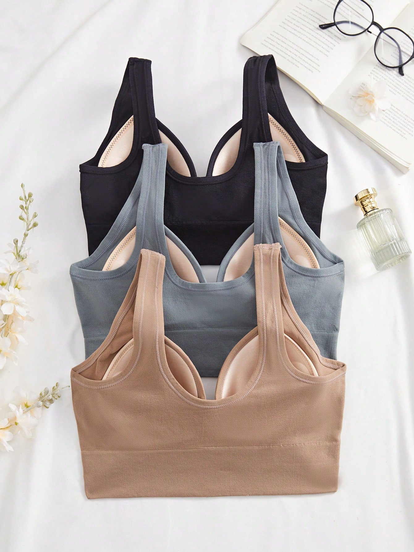 3PCS Solid Color Women's Fixed Cup Simple And Elegant Seamless Bra