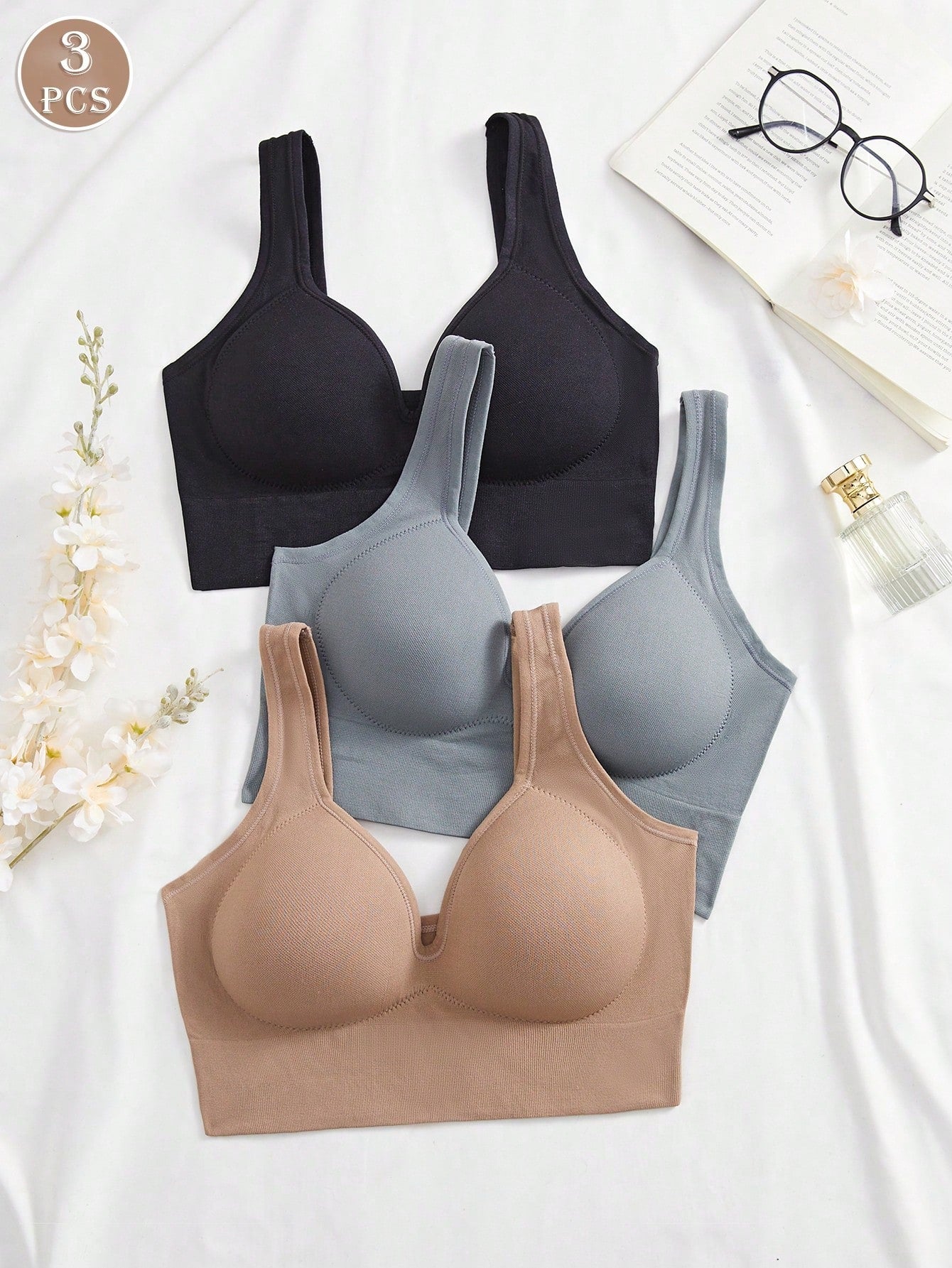 3PCS Solid Color Women's Fixed Cup Simple And Elegant Seamless Bra