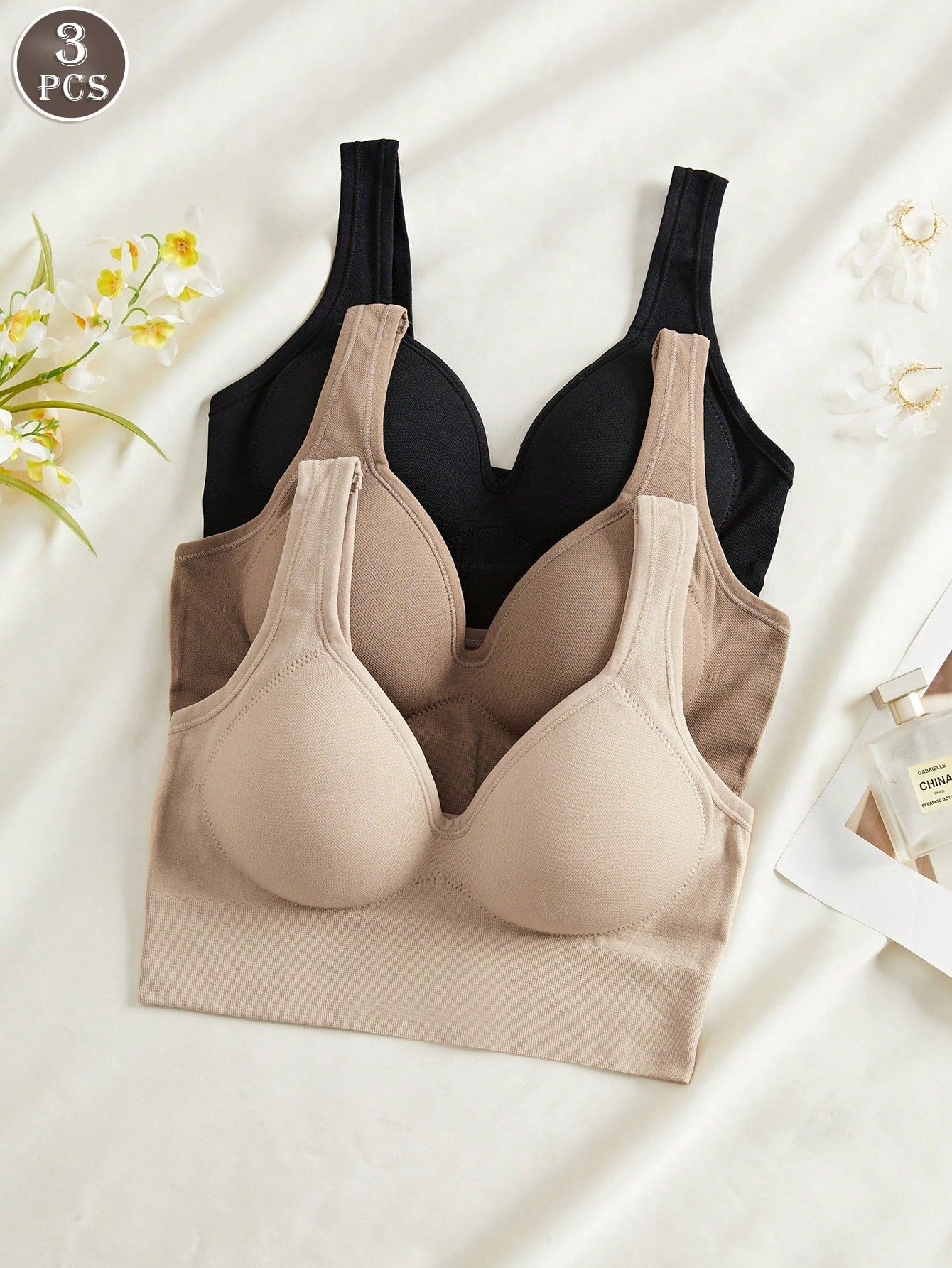 3PCS Solid Color Women's Fixed Cup Simple And Elegant Seamless Bra