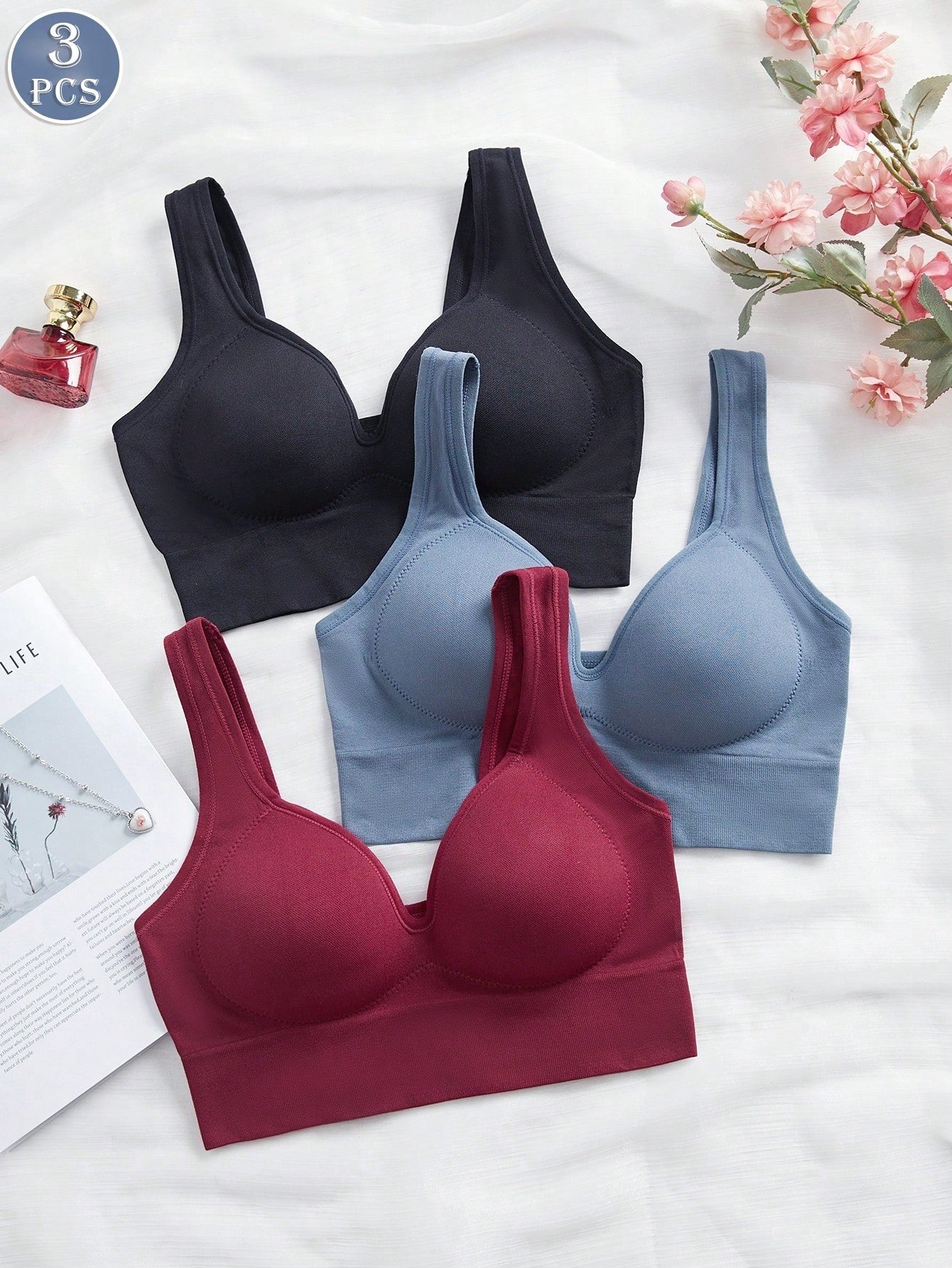3PCS Solid Color Women's Fixed Cup Simple And Elegant Seamless Bra