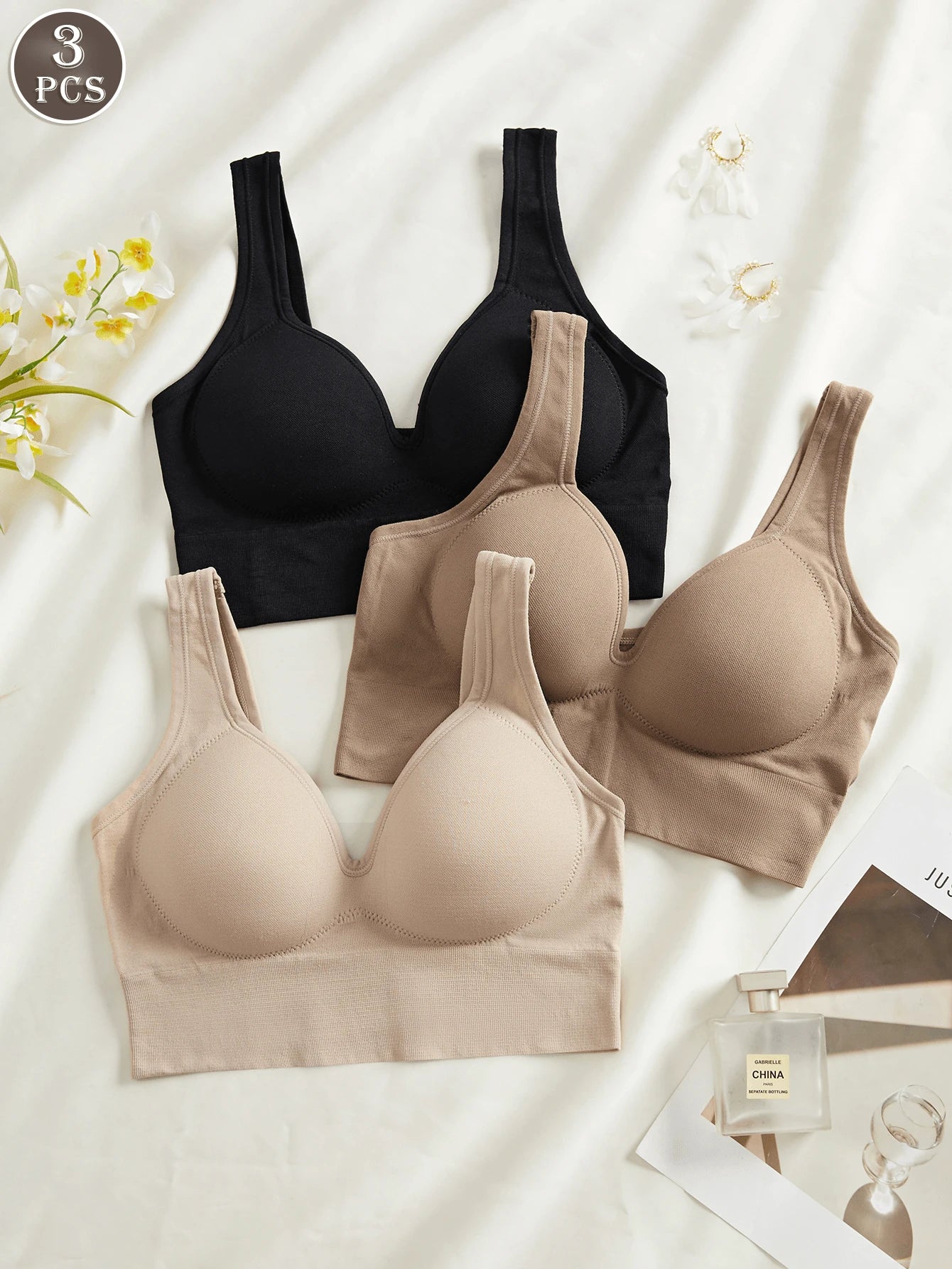 3PCS Solid Color Women's Fixed Cup Simple And Elegant Seamless Bra