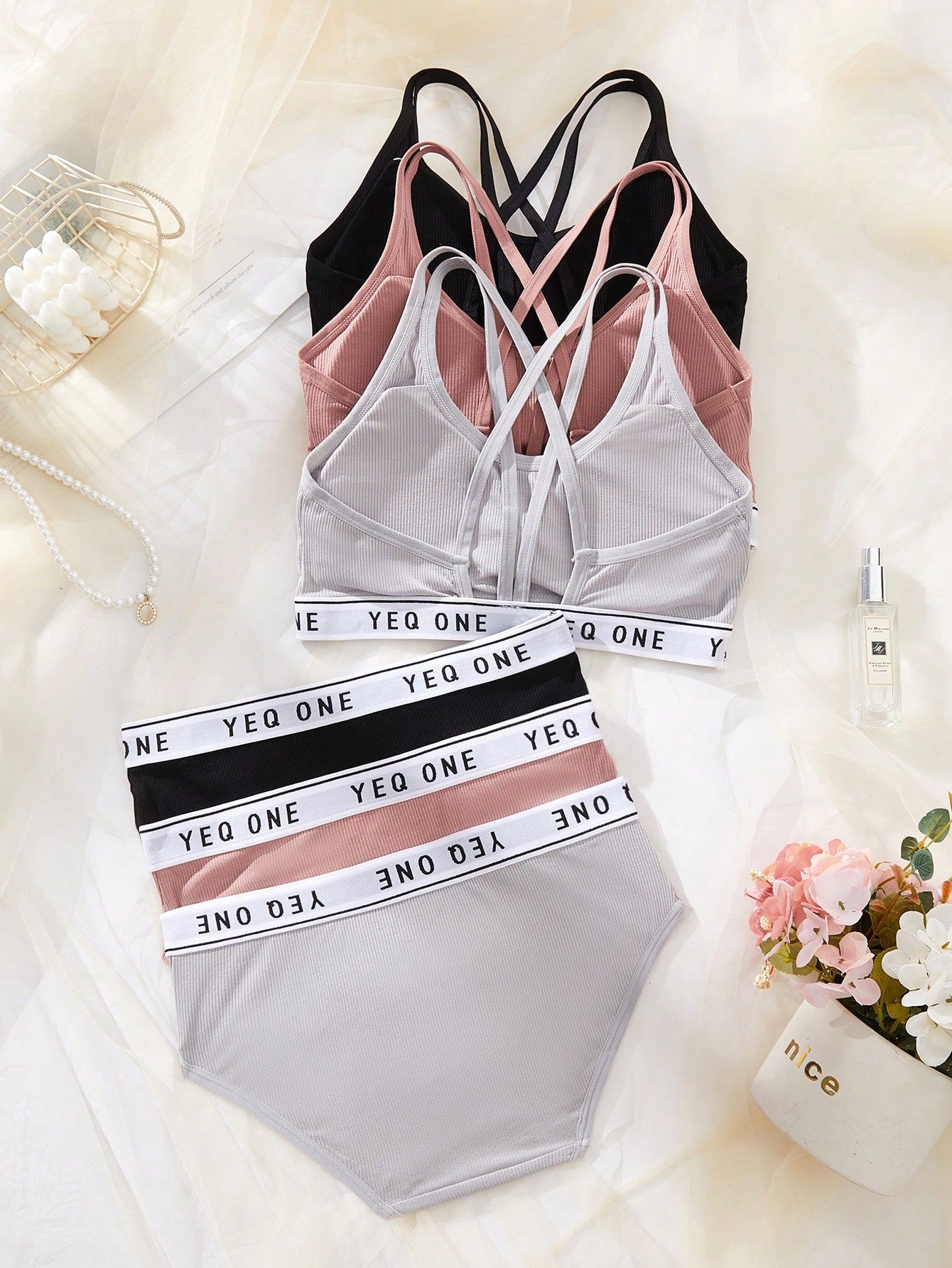 3SETS Ladies Letter Printing Hollow Cross Suspender Underwear Set