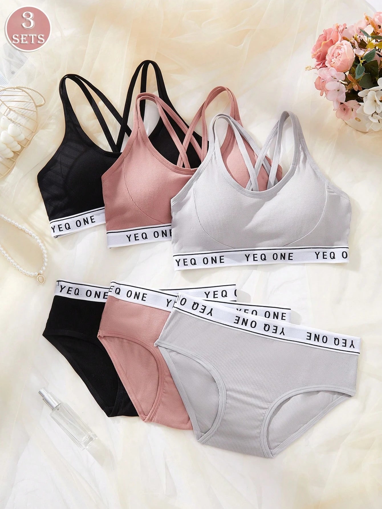 3SETS Ladies Letter Printing Hollow Cross Suspender Underwear Set