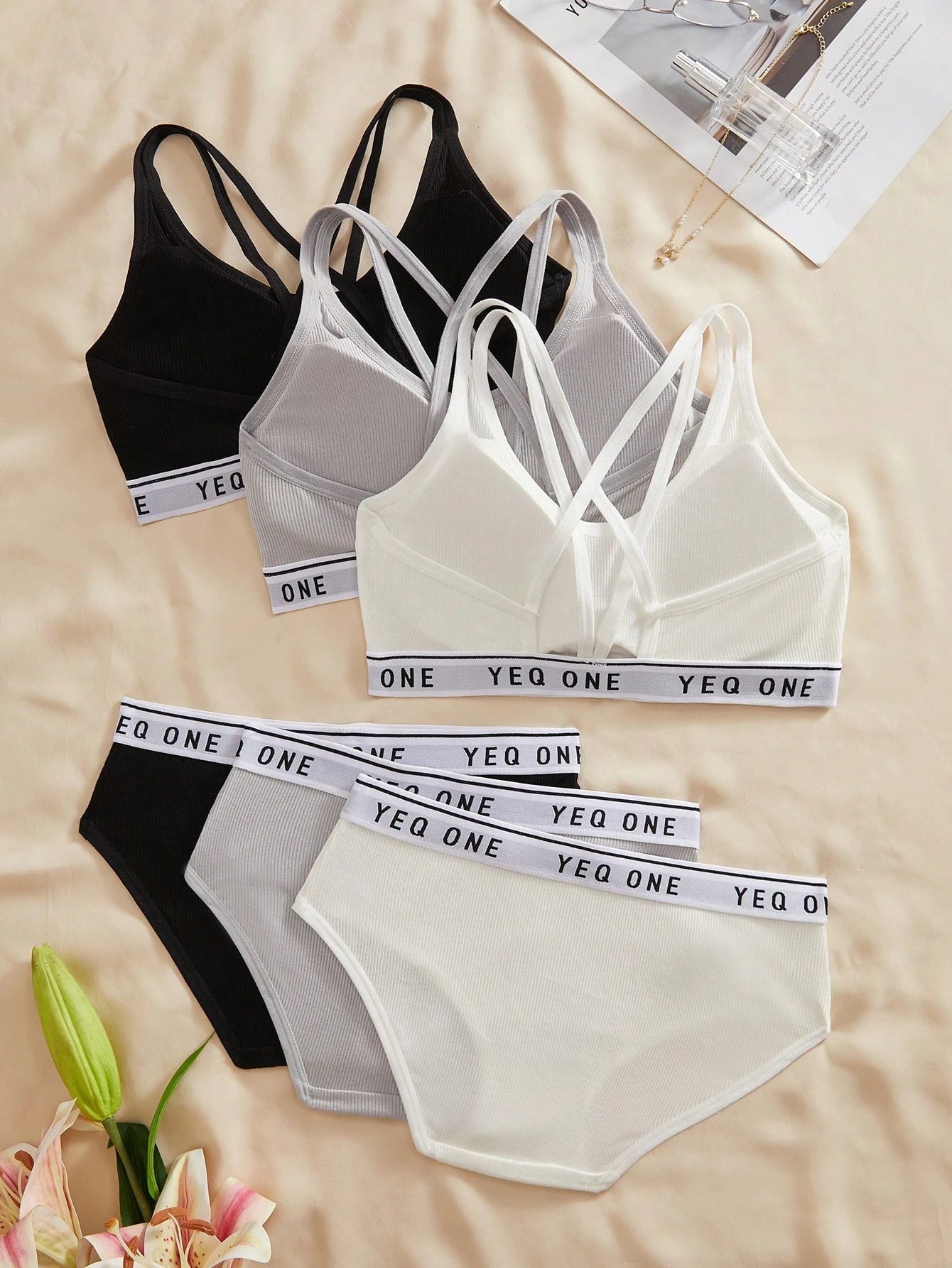 3SETS Ladies Letter Printing Hollow Cross Suspender Underwear Set