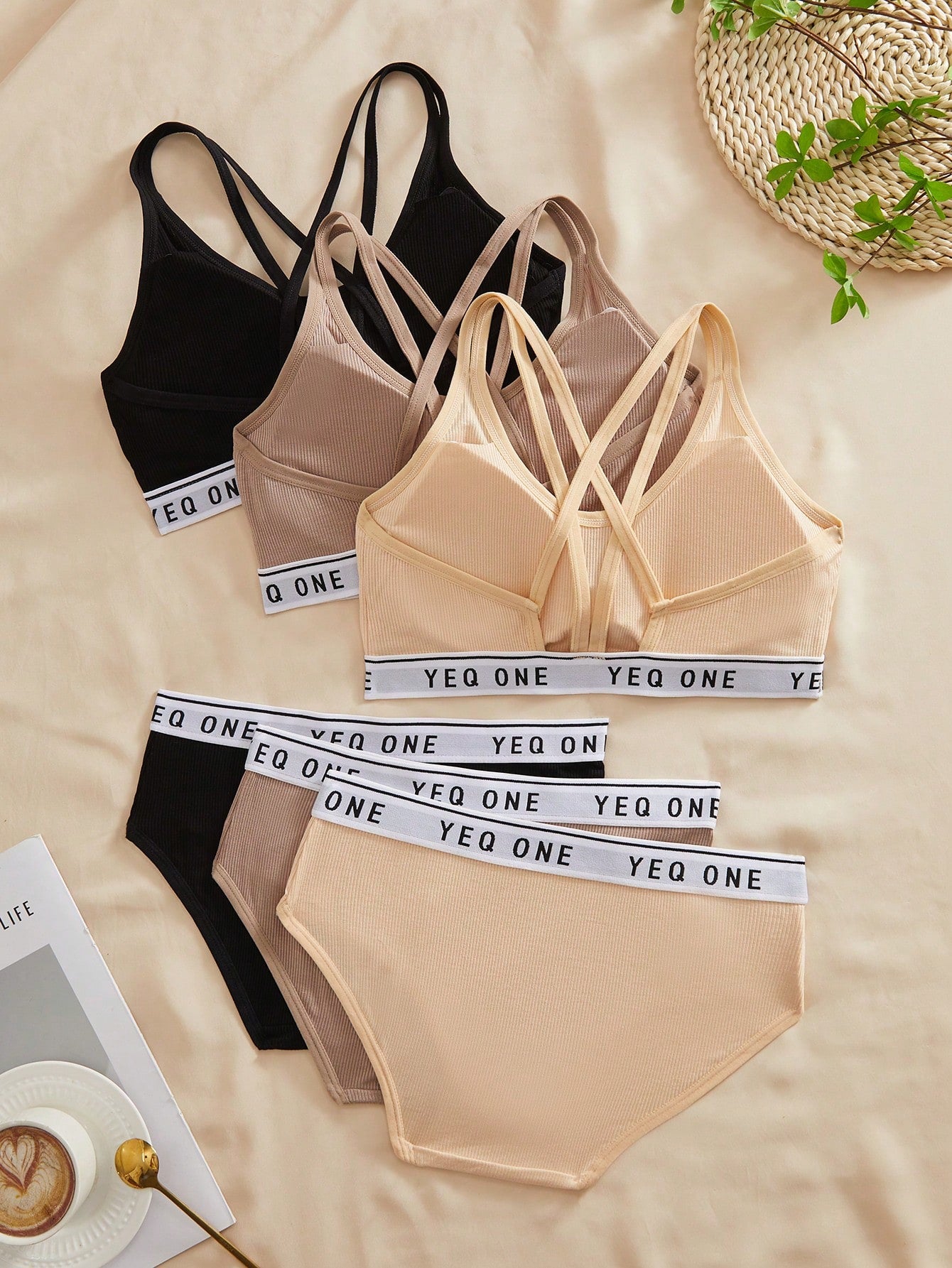 3SETS Ladies Letter Printing Hollow Cross Suspender Underwear Set