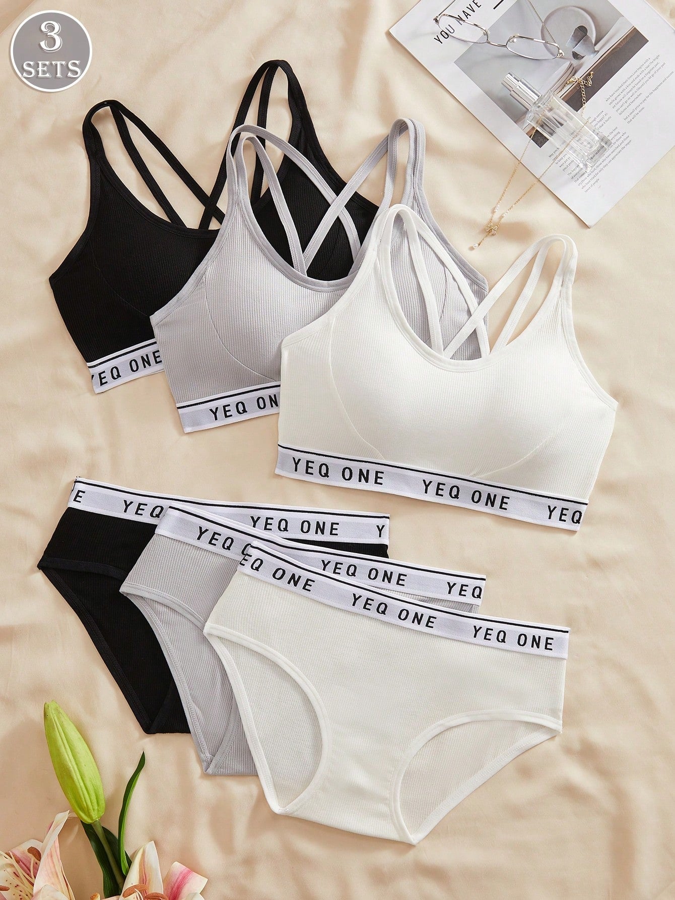 3SETS Ladies Letter Printing Hollow Cross Suspender Underwear Set
