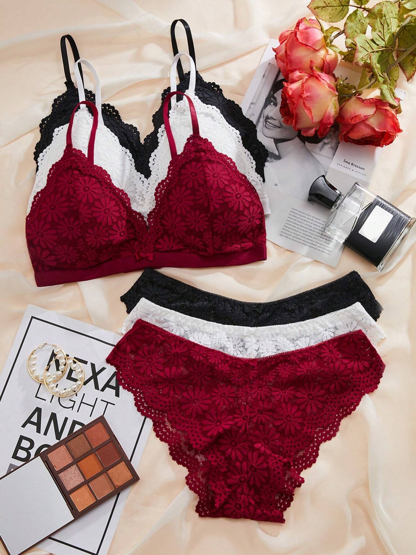 3 Floral Lace Harness Scallop Trim Bra & Panty Lingerie Sets