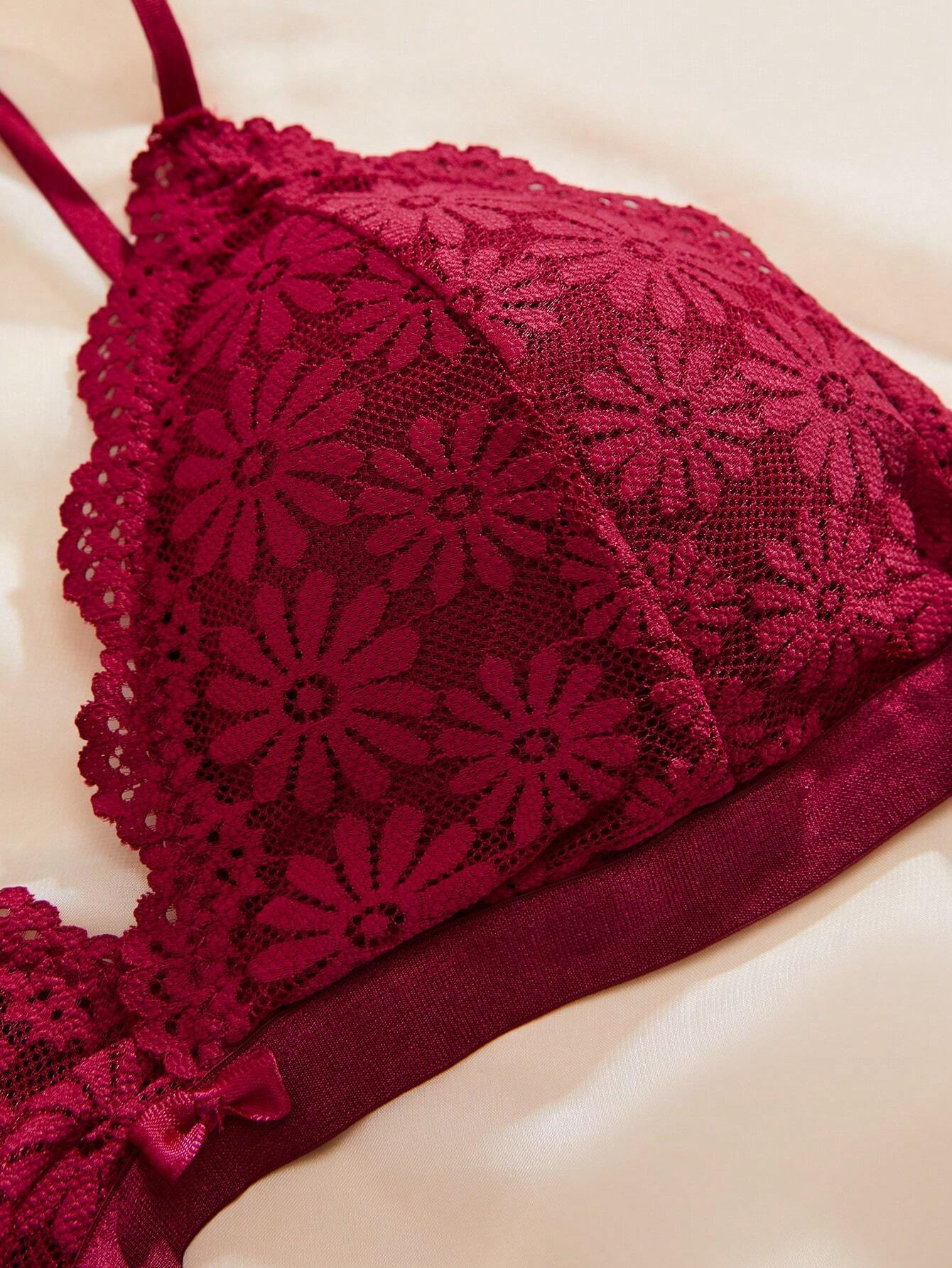 3 Floral Lace Harness Scallop Trim Bra & Panty Lingerie Sets