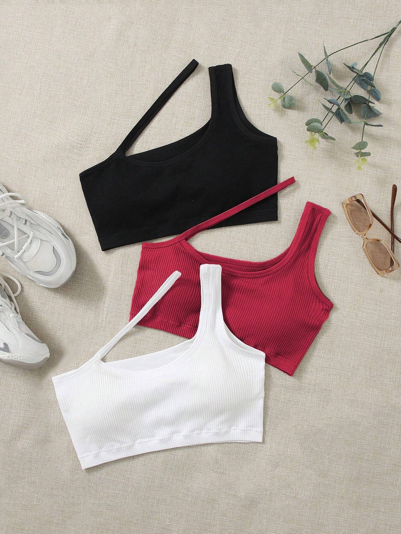 Sport 3pcs One Shoulder Ribbed Knit Sports Bra