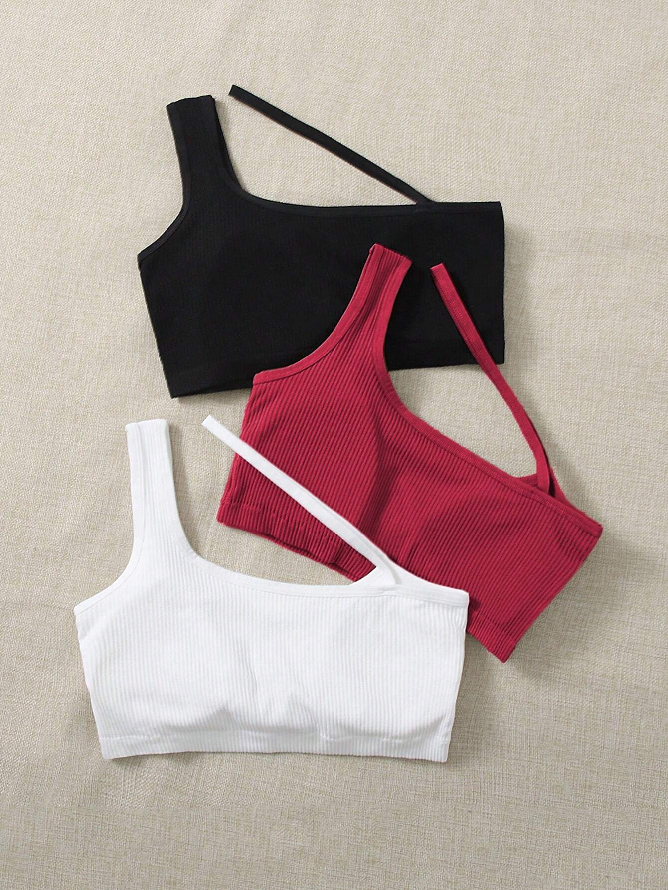 Sport 3pcs One Shoulder Ribbed Knit Sports Bra