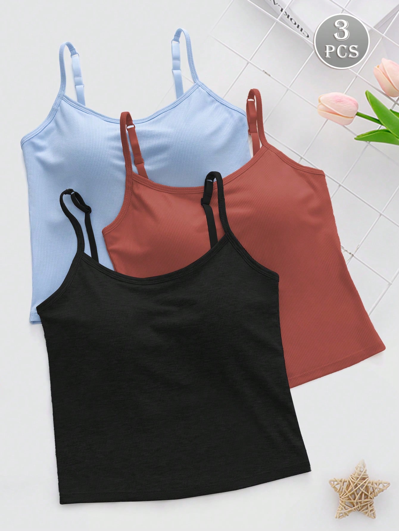 3pcs Women Plain Ribbed Camisole With Padded Bra