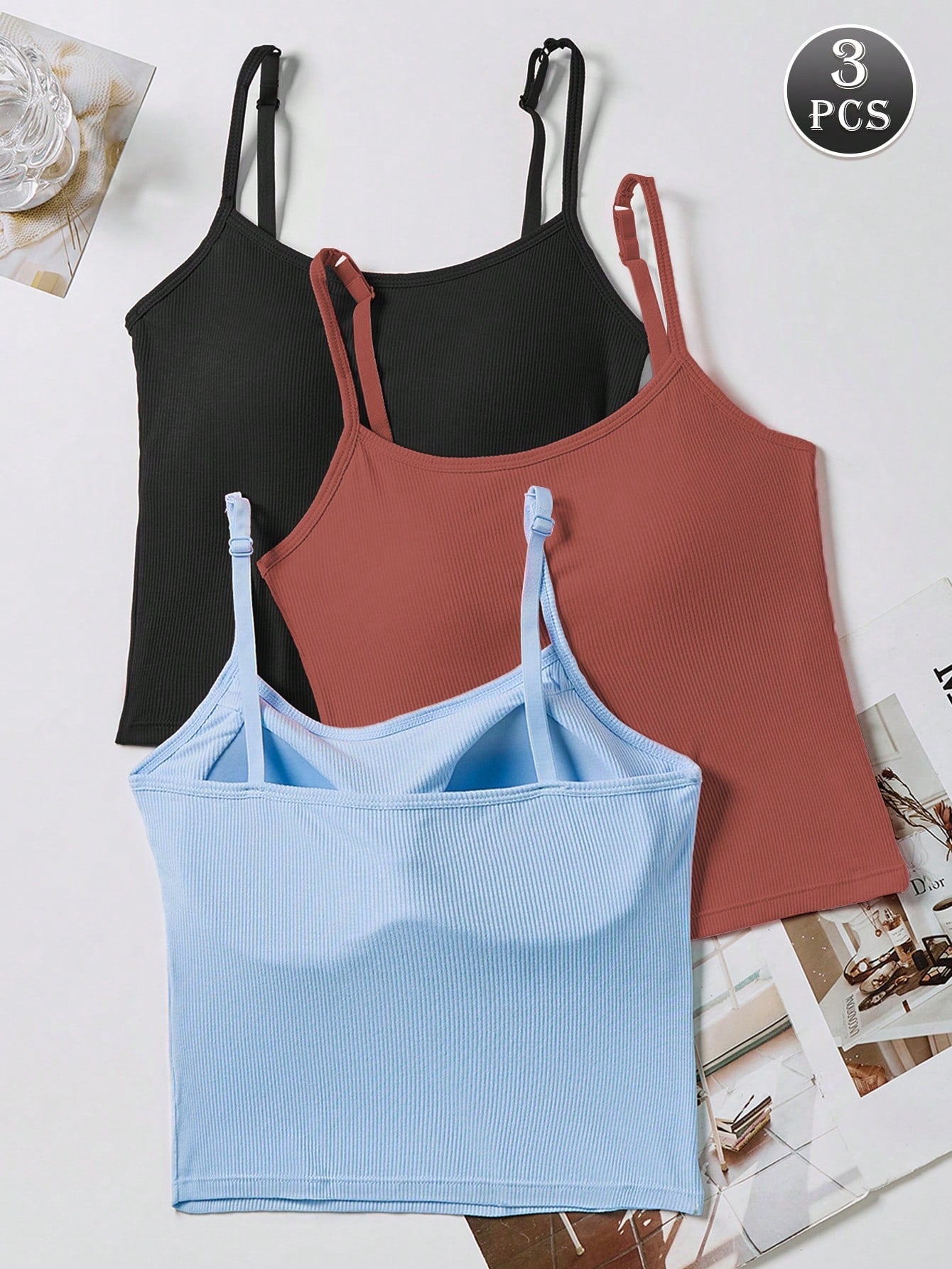 3pcs Women Plain Ribbed Camisole With Padded Bra