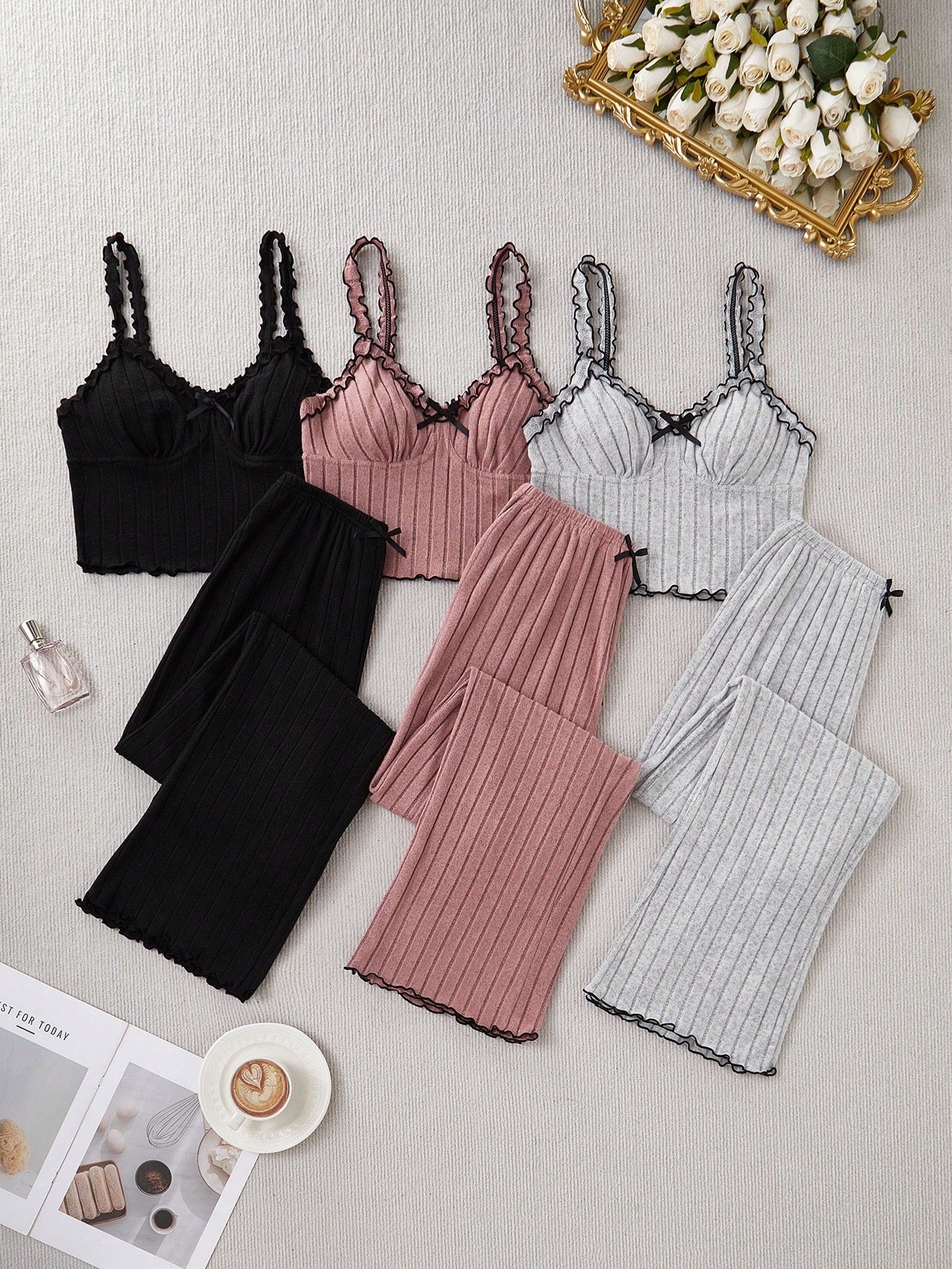 3 Sets Bow Decor Ribbed Cami Top And Pants Pajama Set